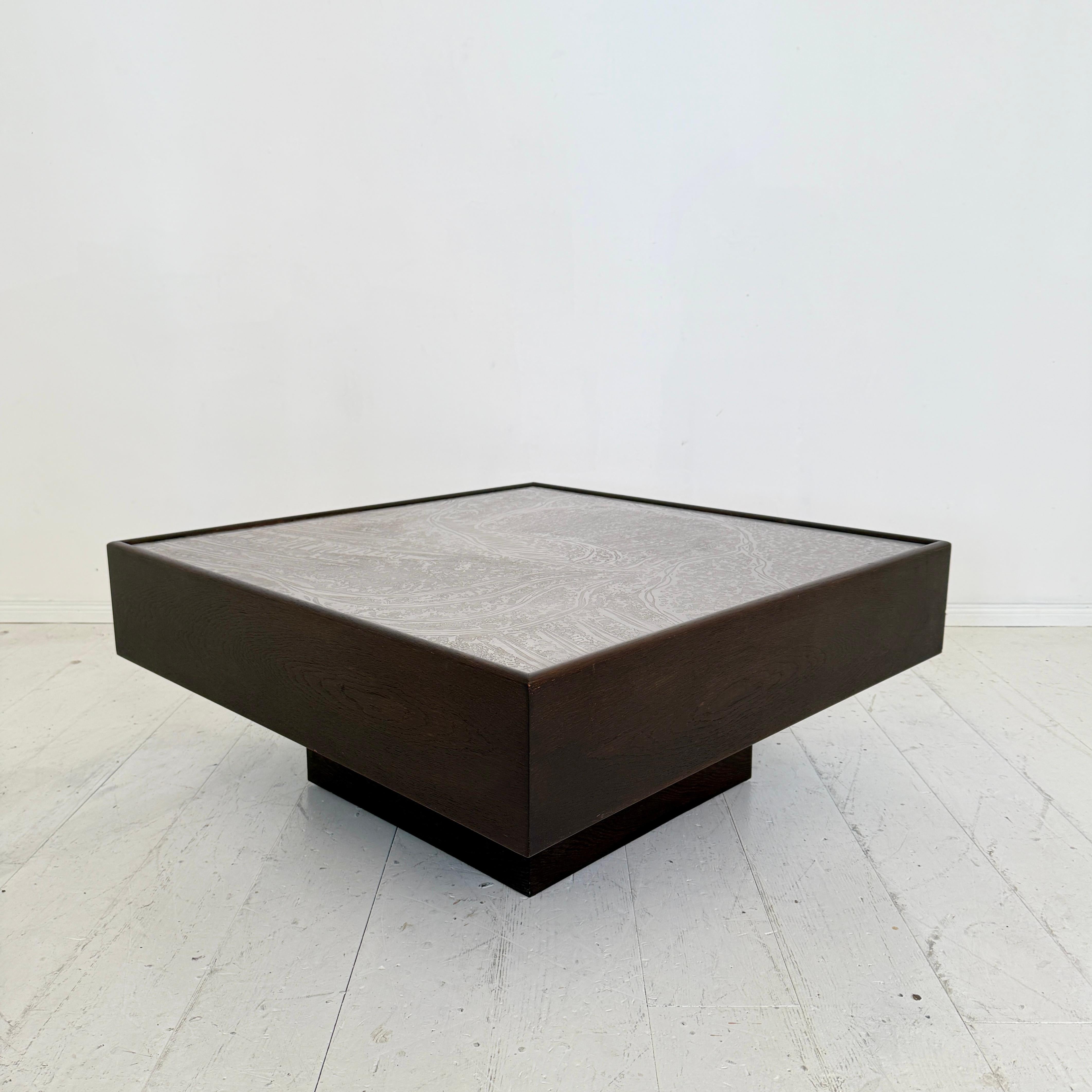 Late 20th Century 1970s Mid-Century Coffee Table by Lilienthal in Dark Oak with Etched Metal Top For Sale