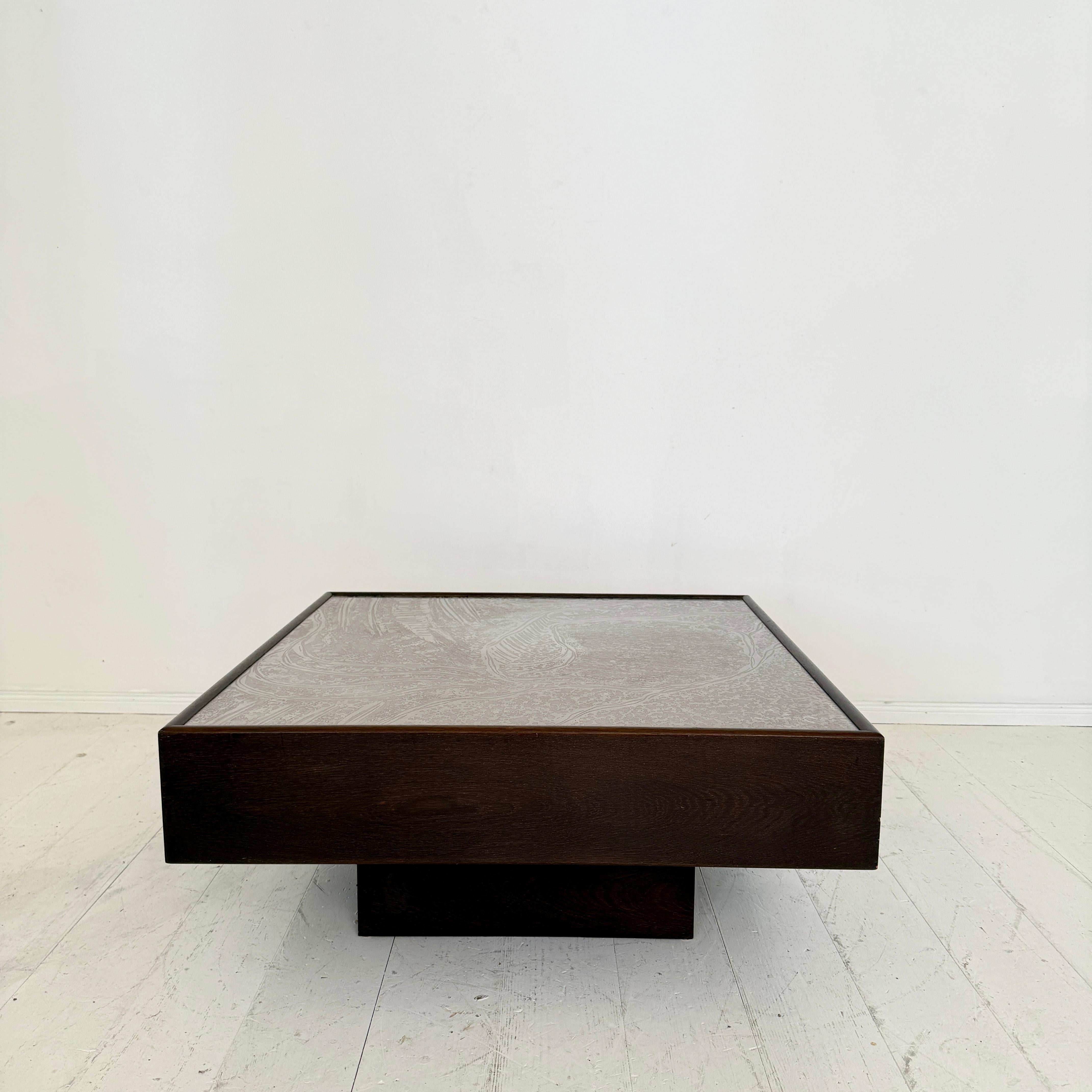 1970s Mid-Century Coffee Table by Lilienthal in Dark Oak with Etched Metal Top For Sale 1