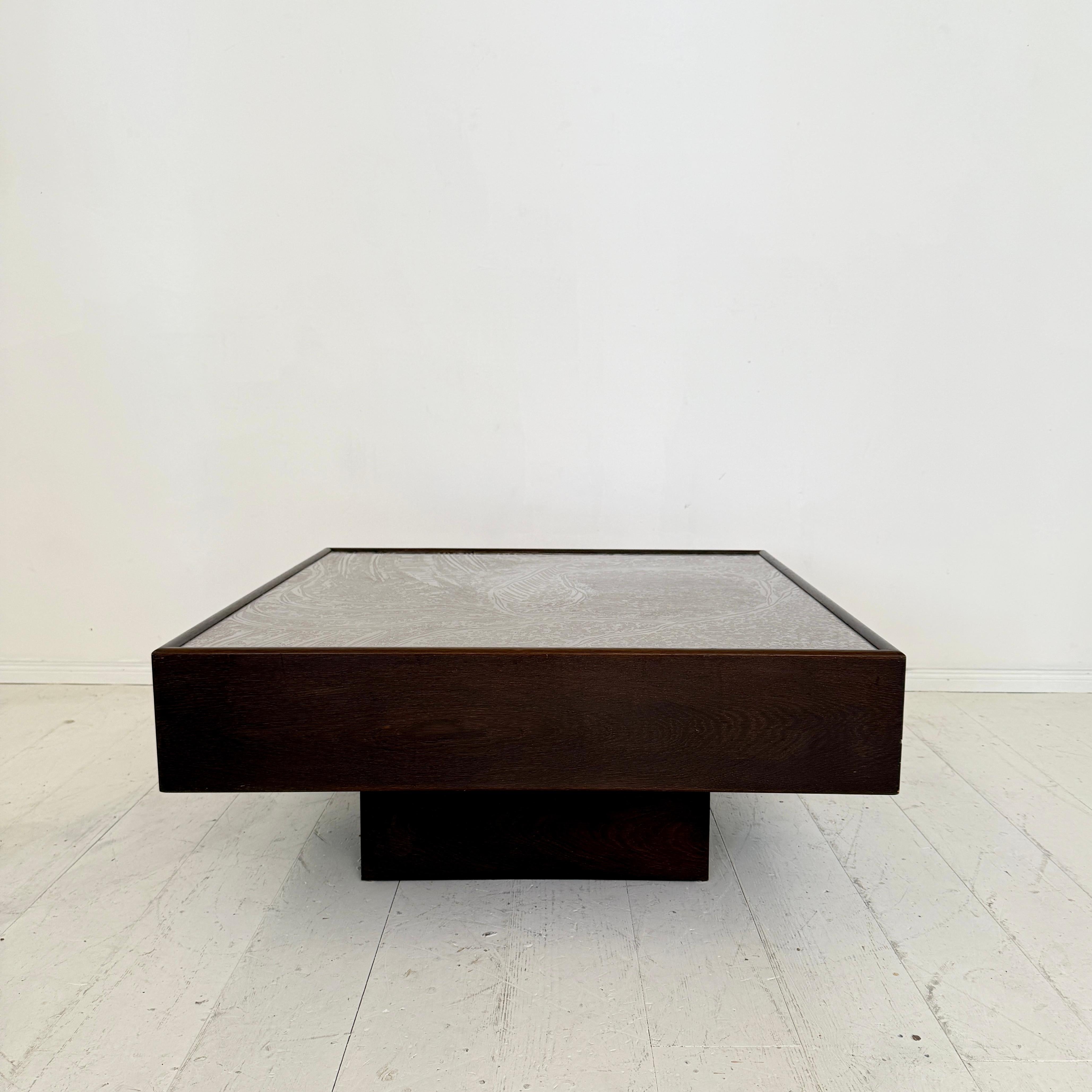 1970s Mid-Century Coffee Table by Lilienthal in Dark Oak with Etched Metal Top For Sale 2