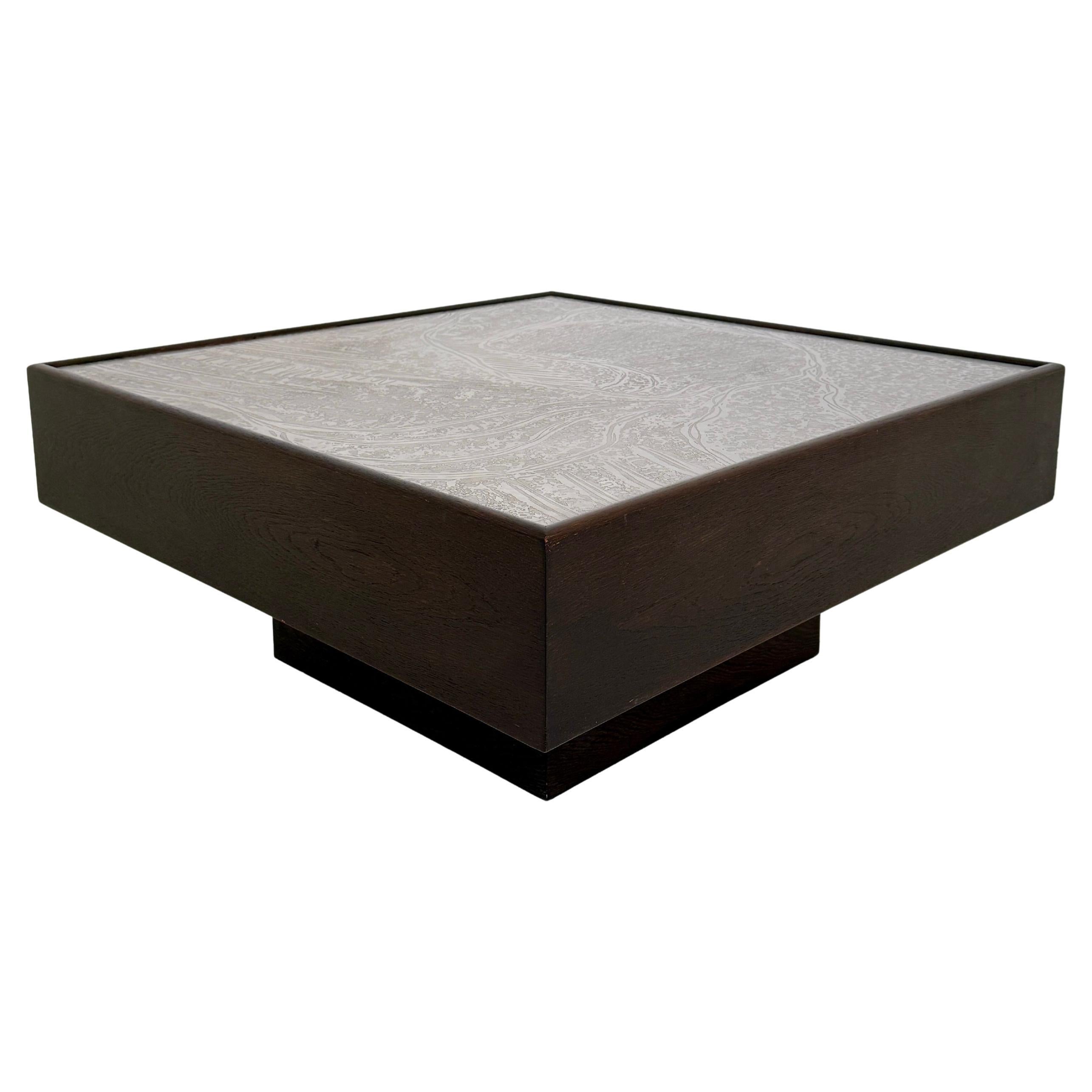 1970s Mid-Century Coffee Table by Lilienthal in Dark Oak with Etched Metal Top For Sale