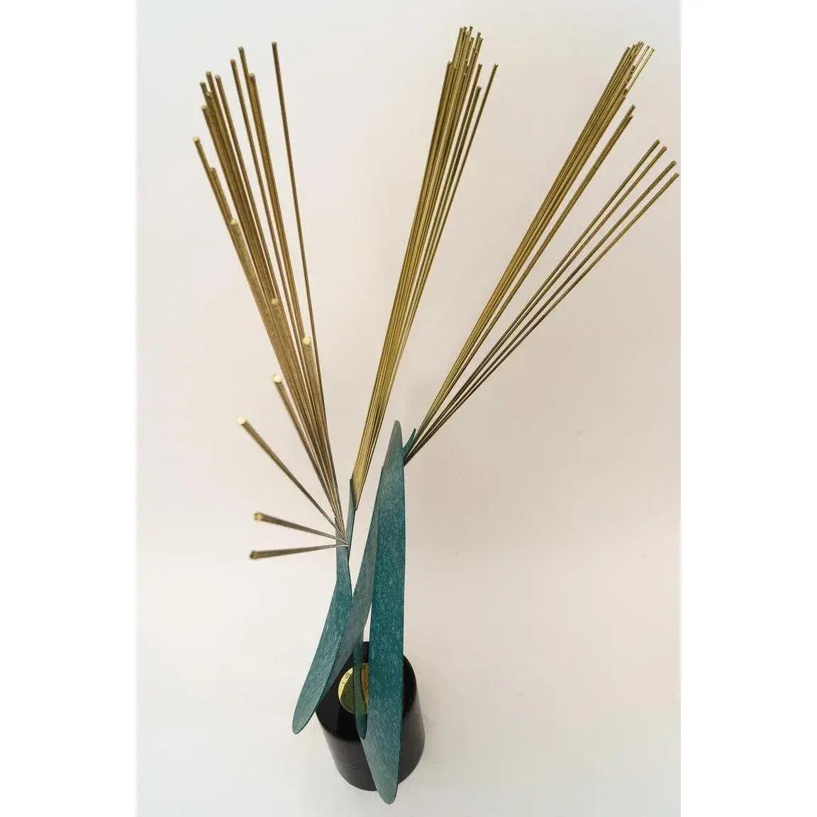 1970s Mid Century Curtis Jere Kinetic Teal Brass & Marble Sculpture In Good Condition For Sale In Pasadena, CA