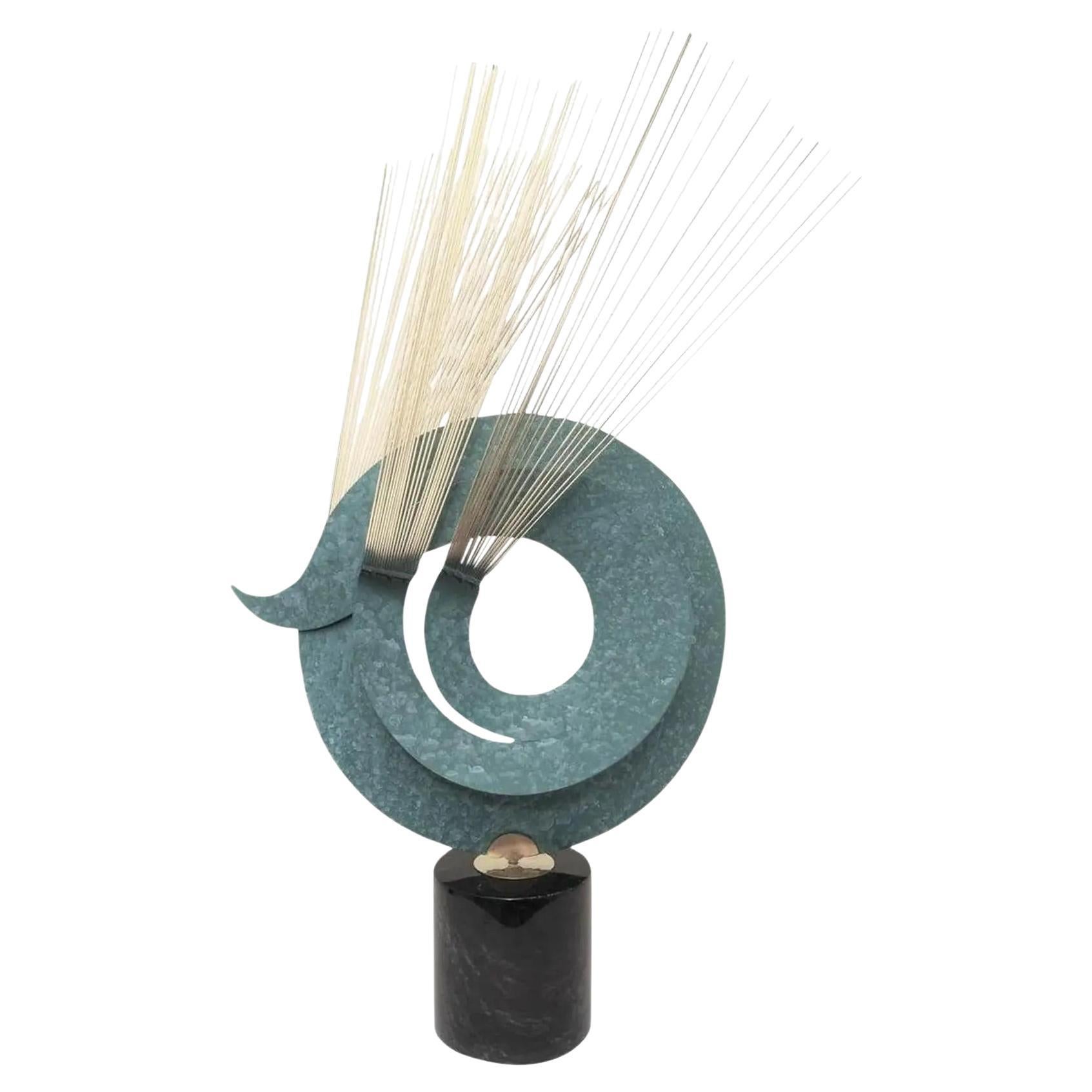 1970s Mid Century Curtis Jere Kinetic Teal Brass & Marble Sculpture For Sale