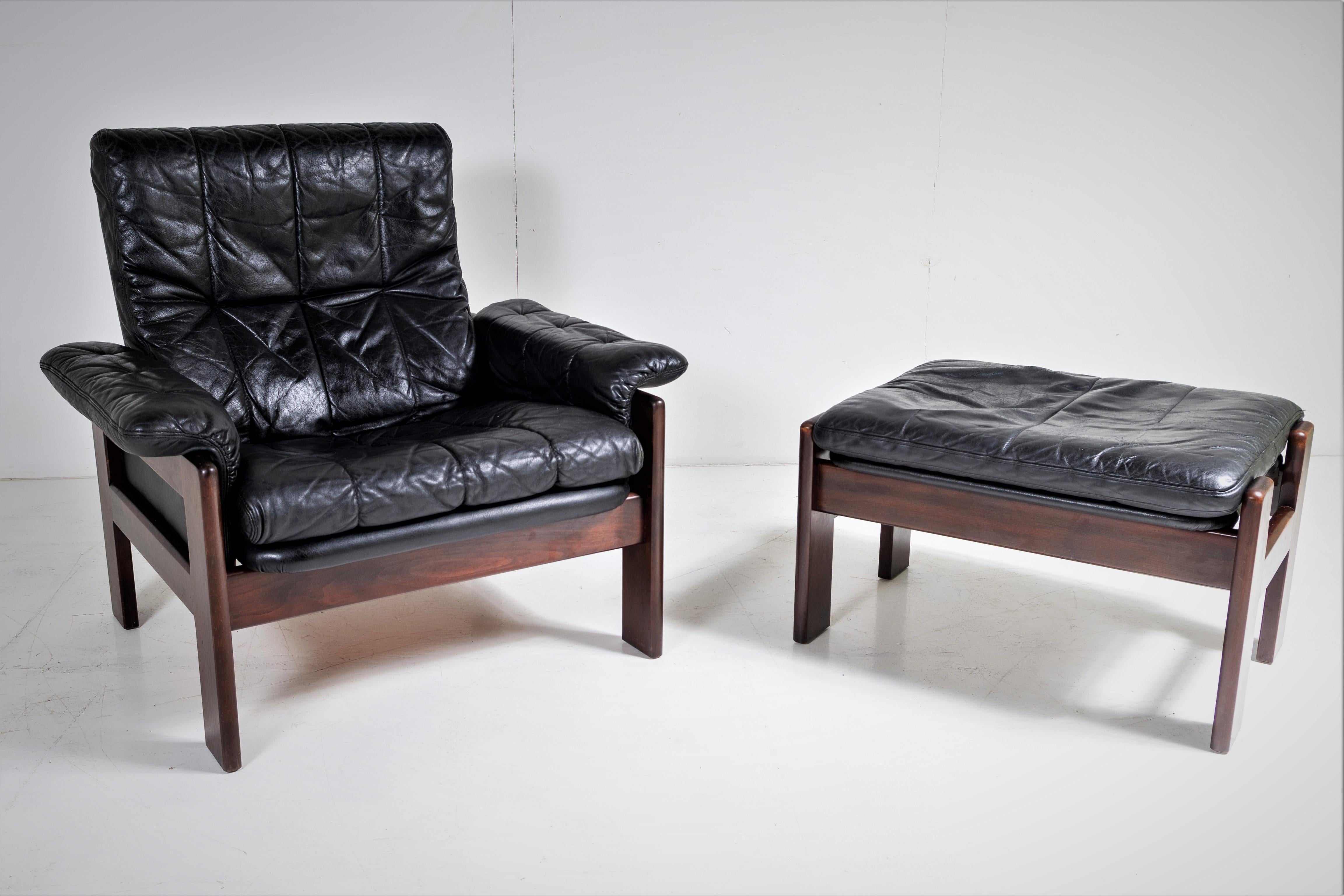 1970s Mid Century Danish Teak Rosewood and Black Leather Armchair and Footstool For Sale 5