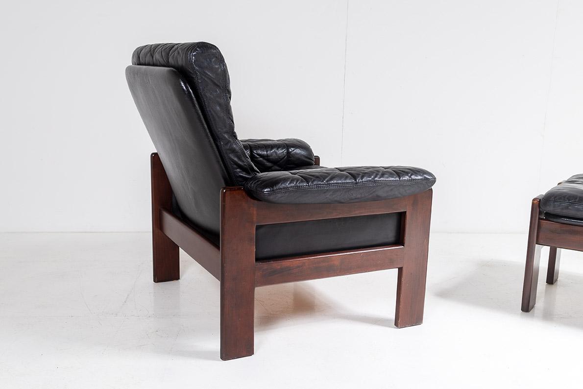1970s Mid Century Danish Teak Rosewood and Black Leather Armchair and Footstool For Sale 9
