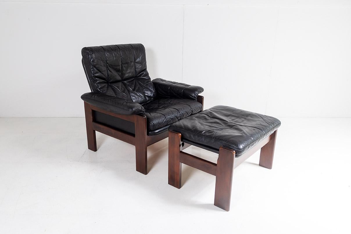 1970s Mid Century Danish Teak Rosewood and Black Leather Armchair and Footstool For Sale 10