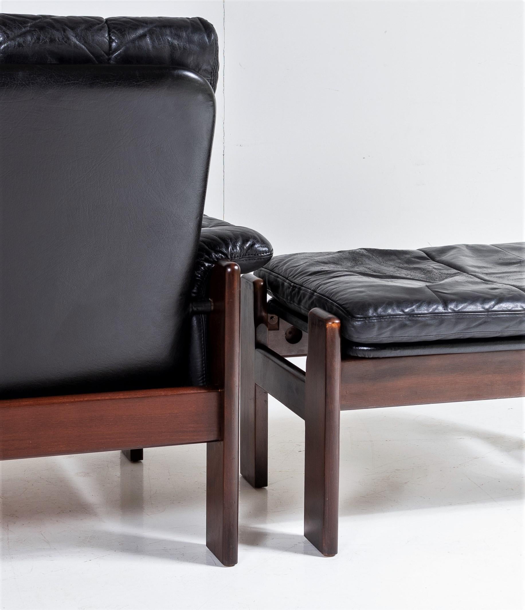 1970s Mid Century Danish Teak Rosewood and Black Leather Armchair and Footstool For Sale 3