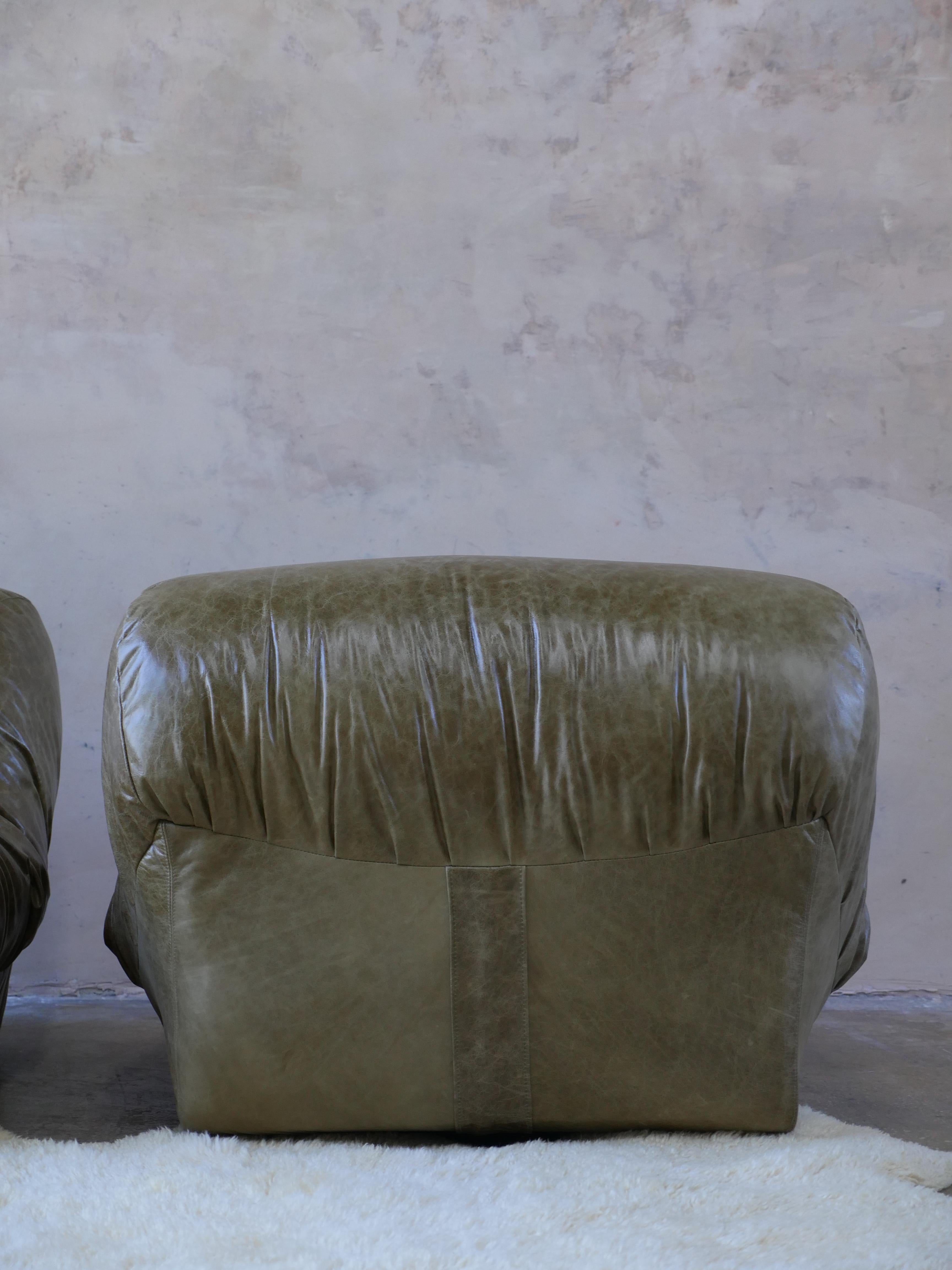 Late 20th Century 1970s Mid-Century French Lounge Chairs Newly Upholstered in Aged Italian Leather