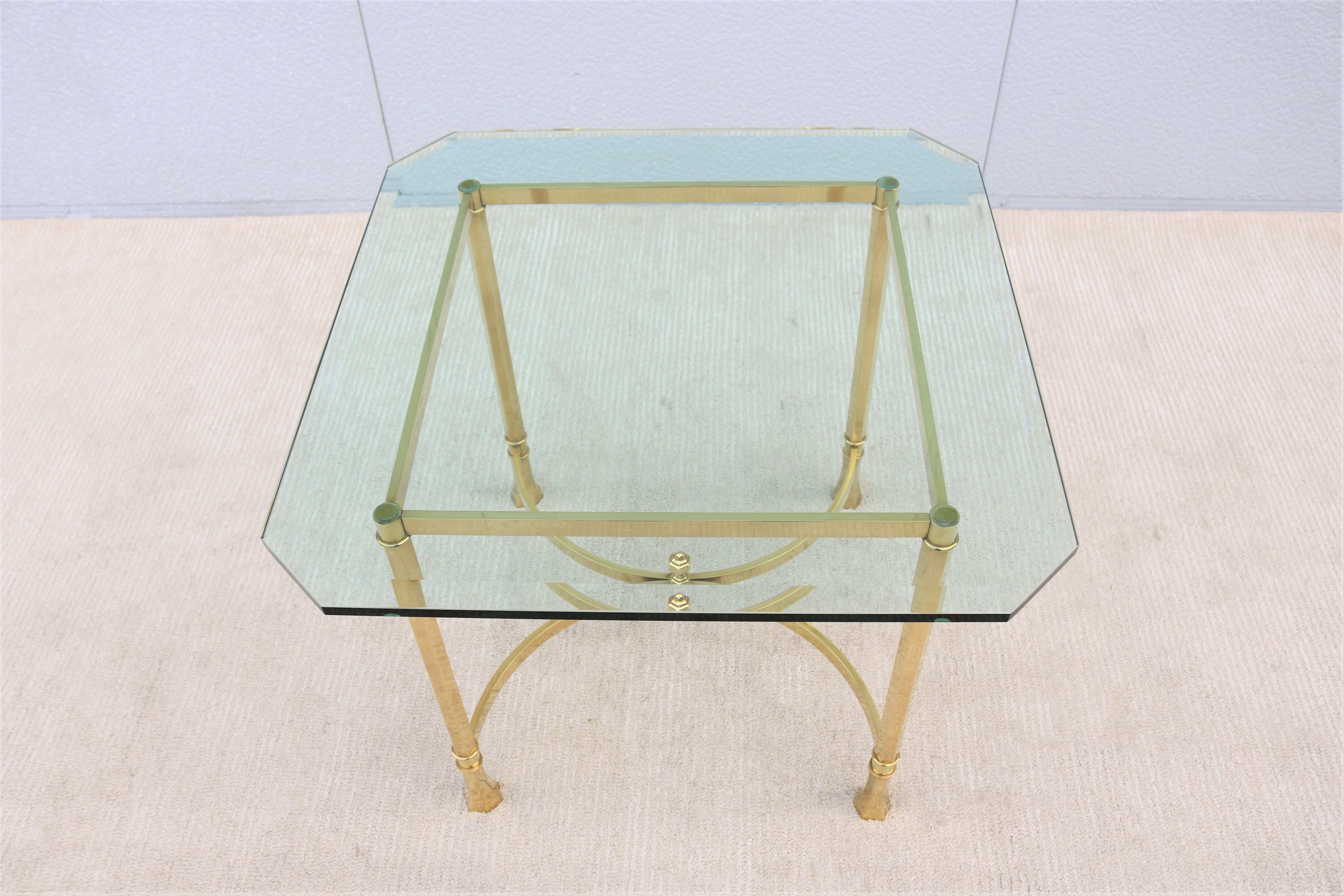 Polished 1970s Mid-Century Italian Maison Bagues Style Brass and Glass Square Side Table For Sale