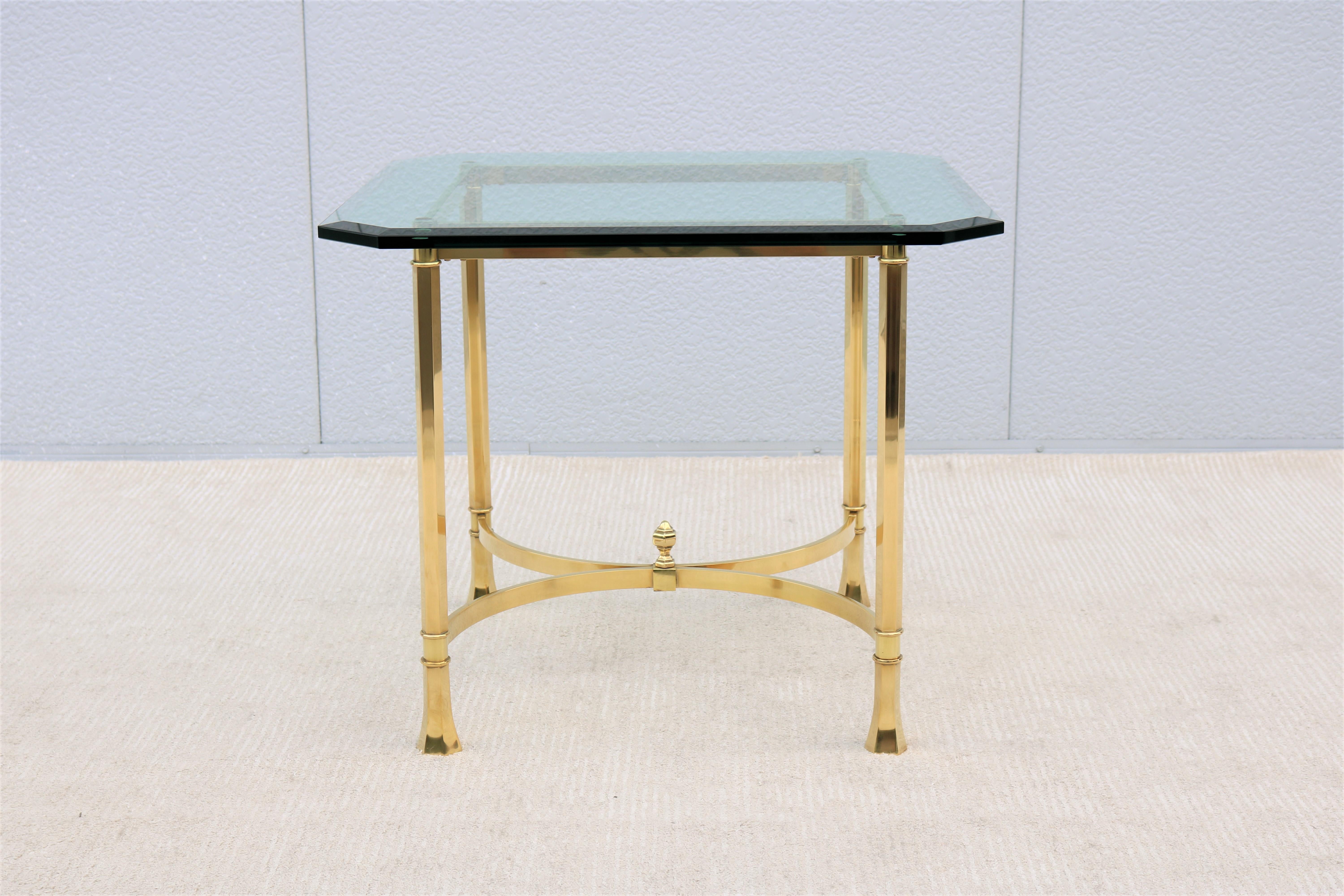 1970s Mid-Century Italian Maison Bagues Style Brass and Glass Square Side Table In Excellent Condition For Sale In Secaucus, NJ