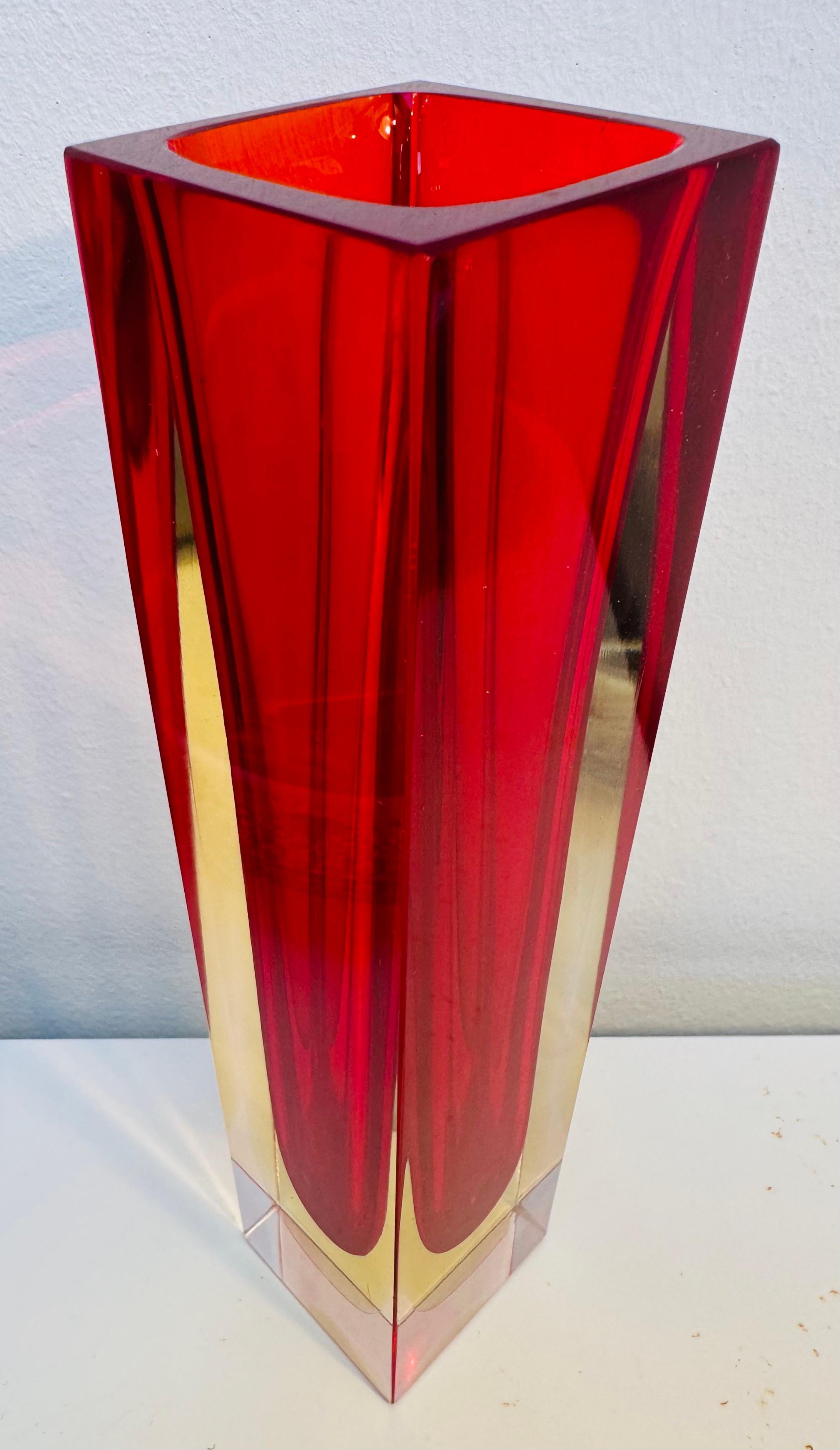 1970s Mid Century Italian Murano Red Yellow & Clear Sommerso Glass Vase 4