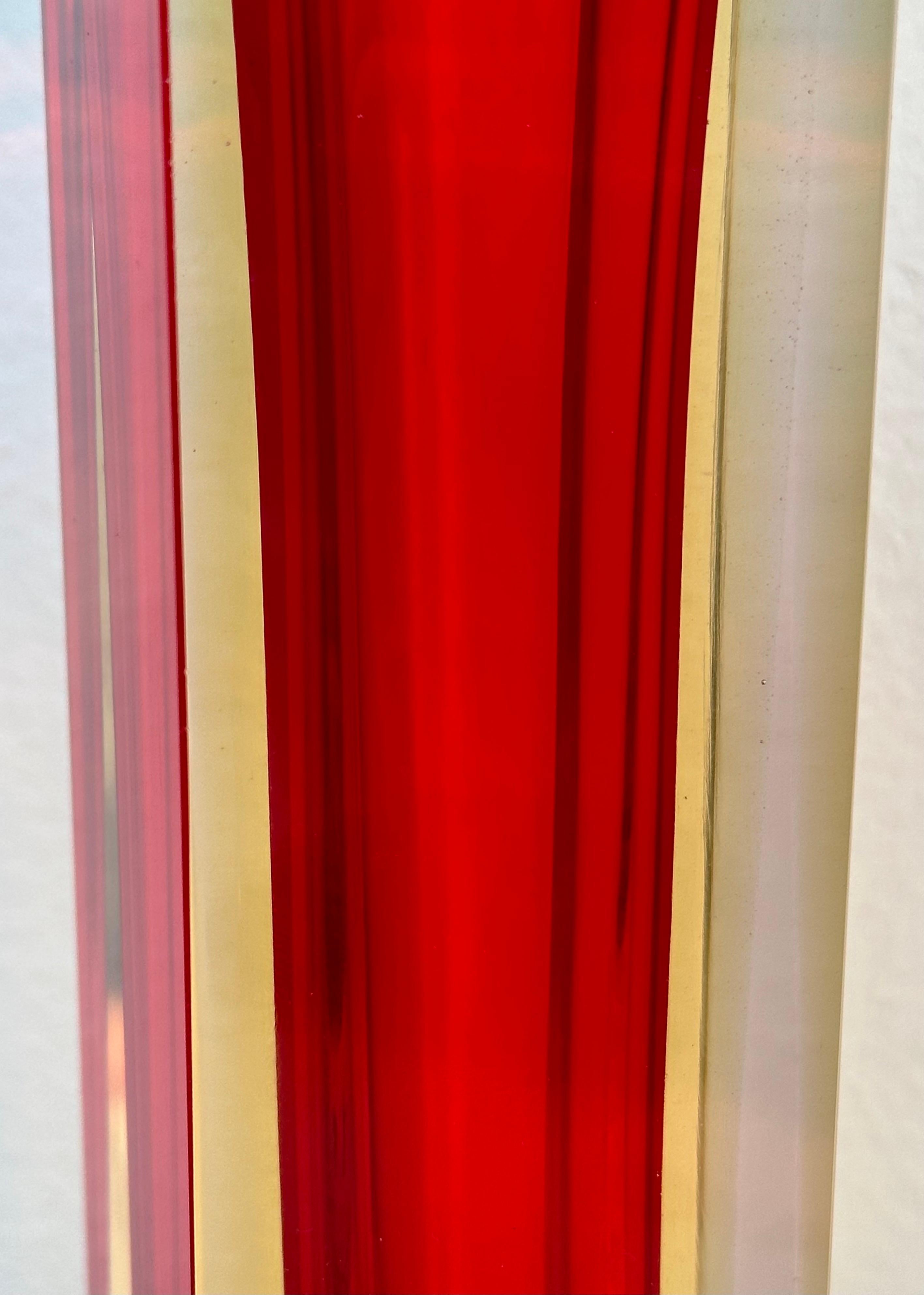 1970s Mid Century Italian Murano Red Yellow & Clear Sommerso Glass Vase 7