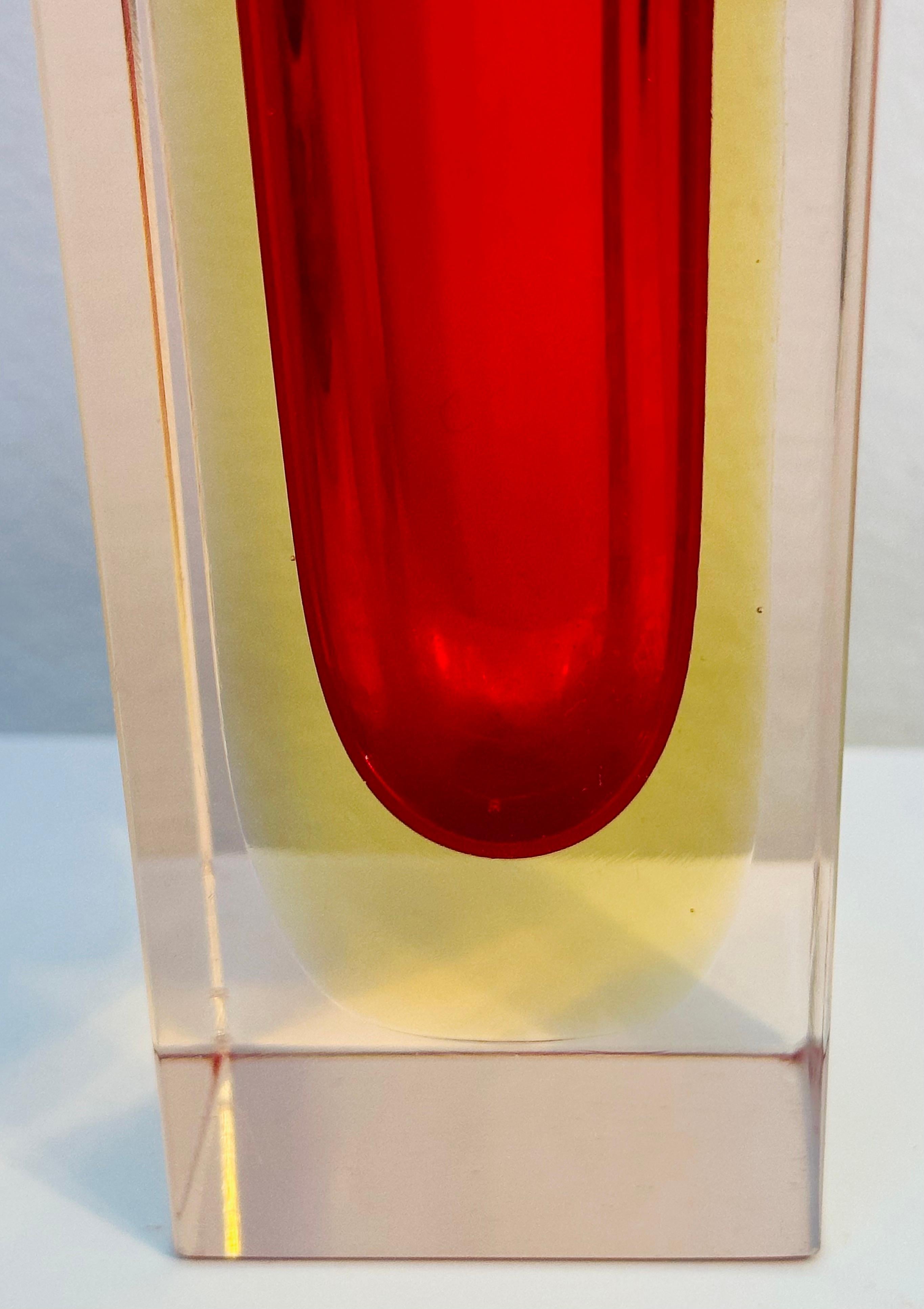 1970s Mid Century Italian Murano Red Yellow & Clear Sommerso Glass Vase 8
