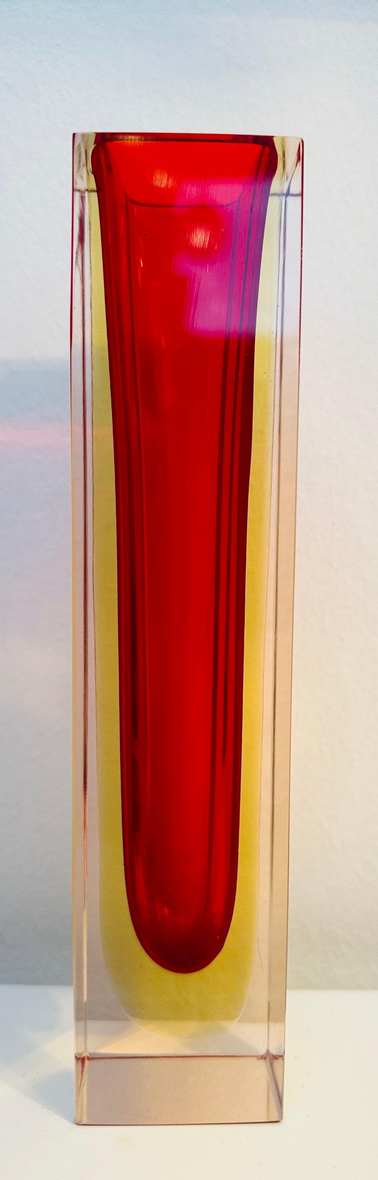 Mid-Century Modern 1970s Mid Century Italian Murano Red Yellow & Clear Sommerso Glass Vase