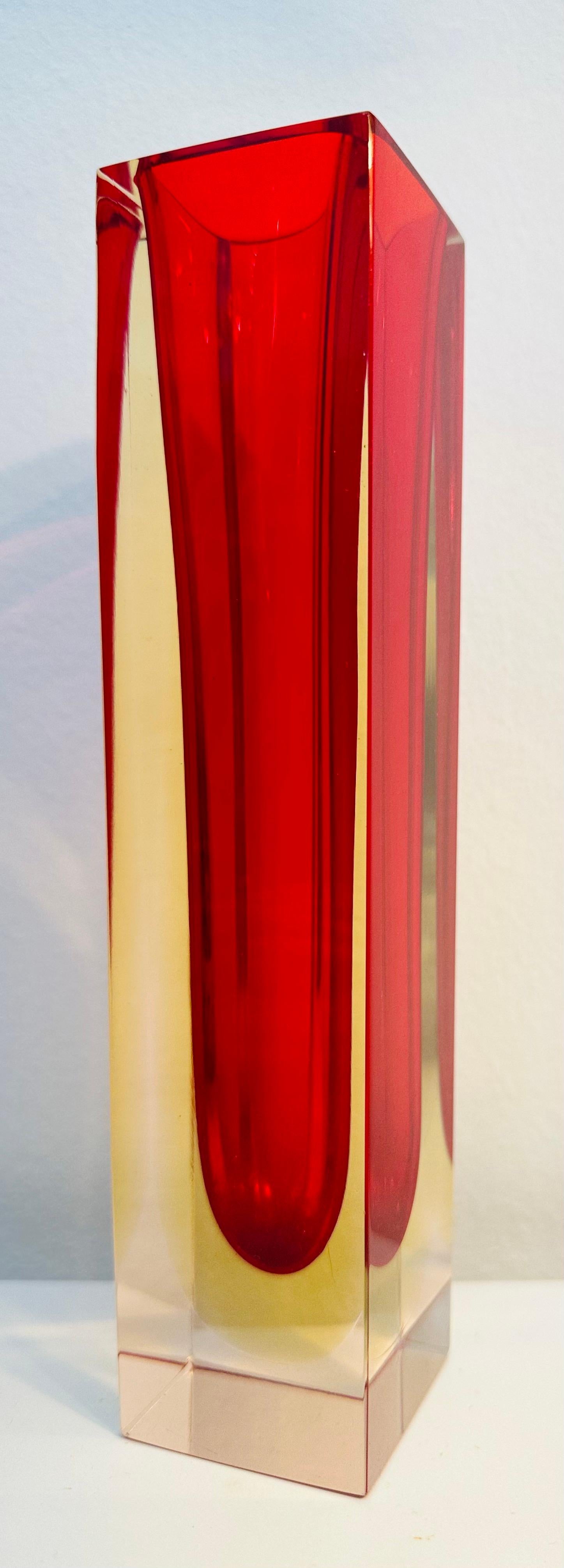 1970s Mid Century Italian Murano Red Yellow & Clear Sommerso Glass Vase In Good Condition In London, GB