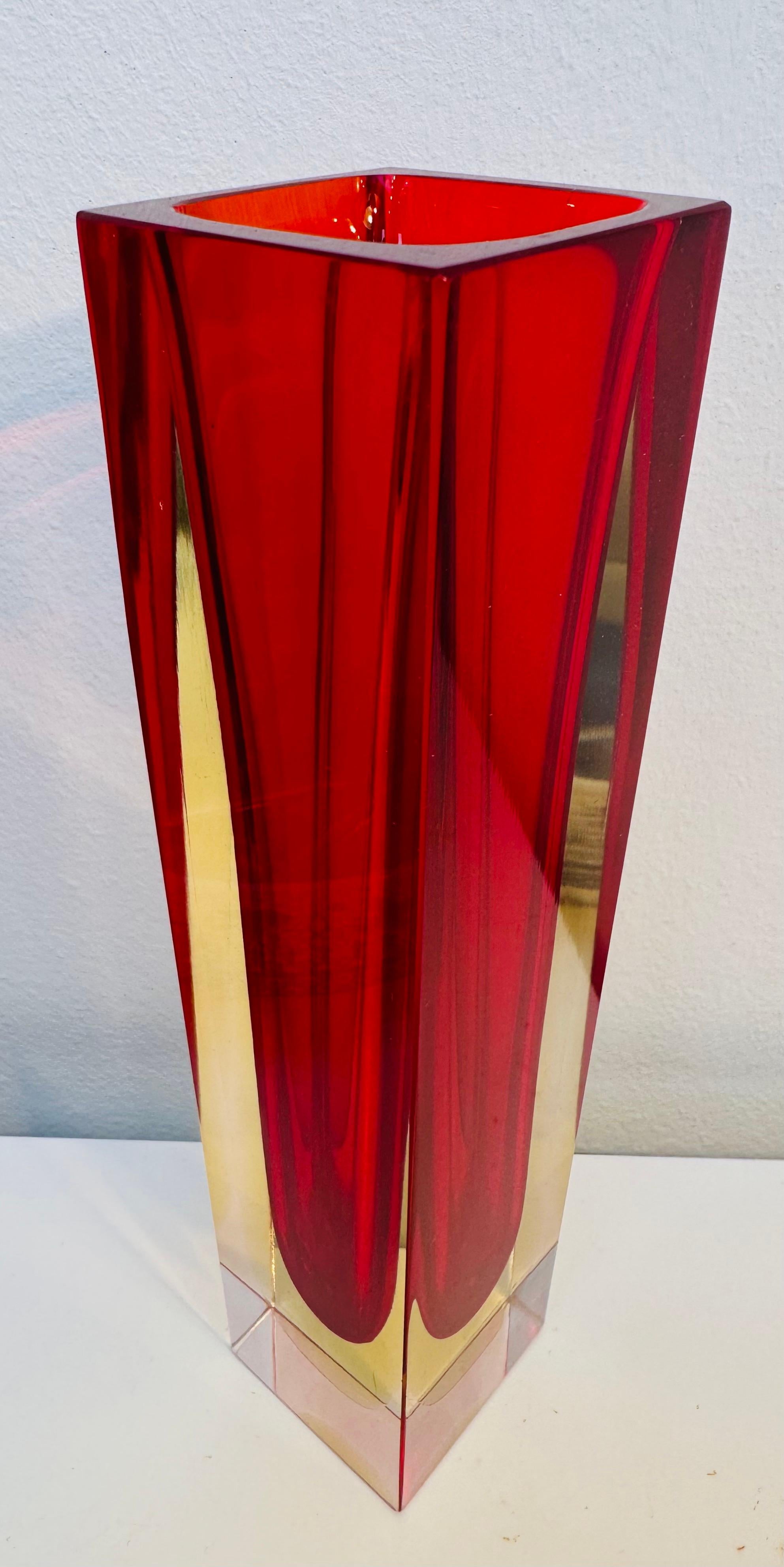 Murano Glass 1970s Mid Century Italian Murano Red Yellow & Clear Sommerso Glass Vase