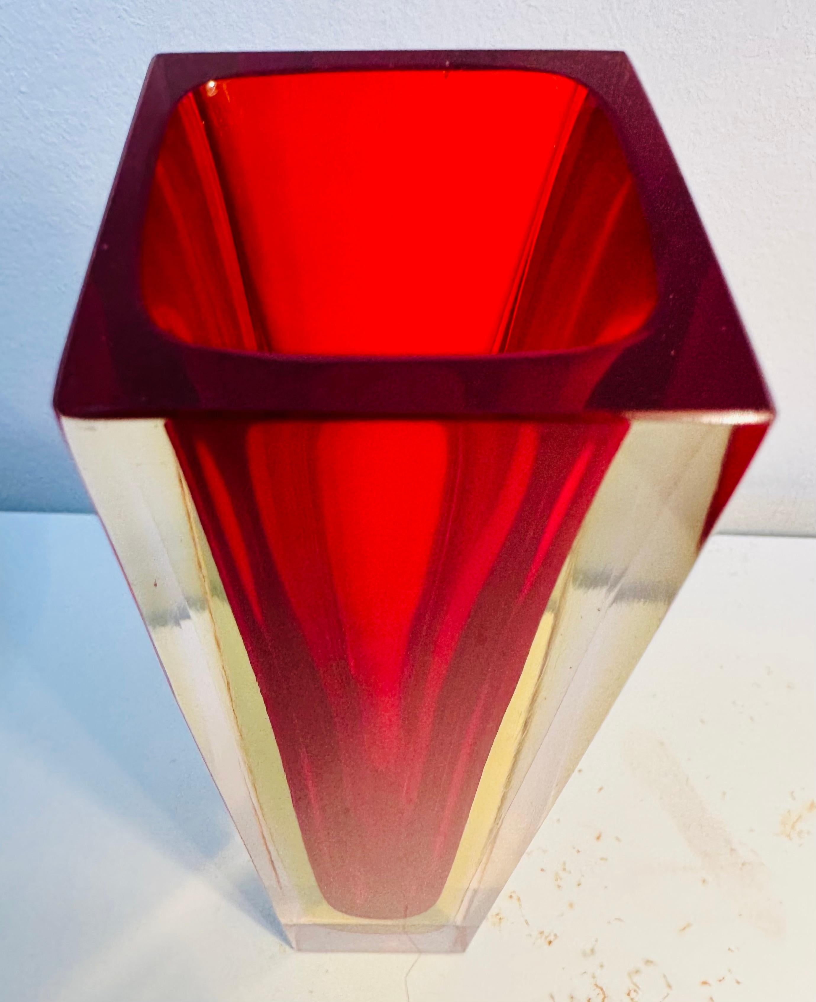 1970s Mid Century Italian Murano Red Yellow & Clear Sommerso Glass Vase 1