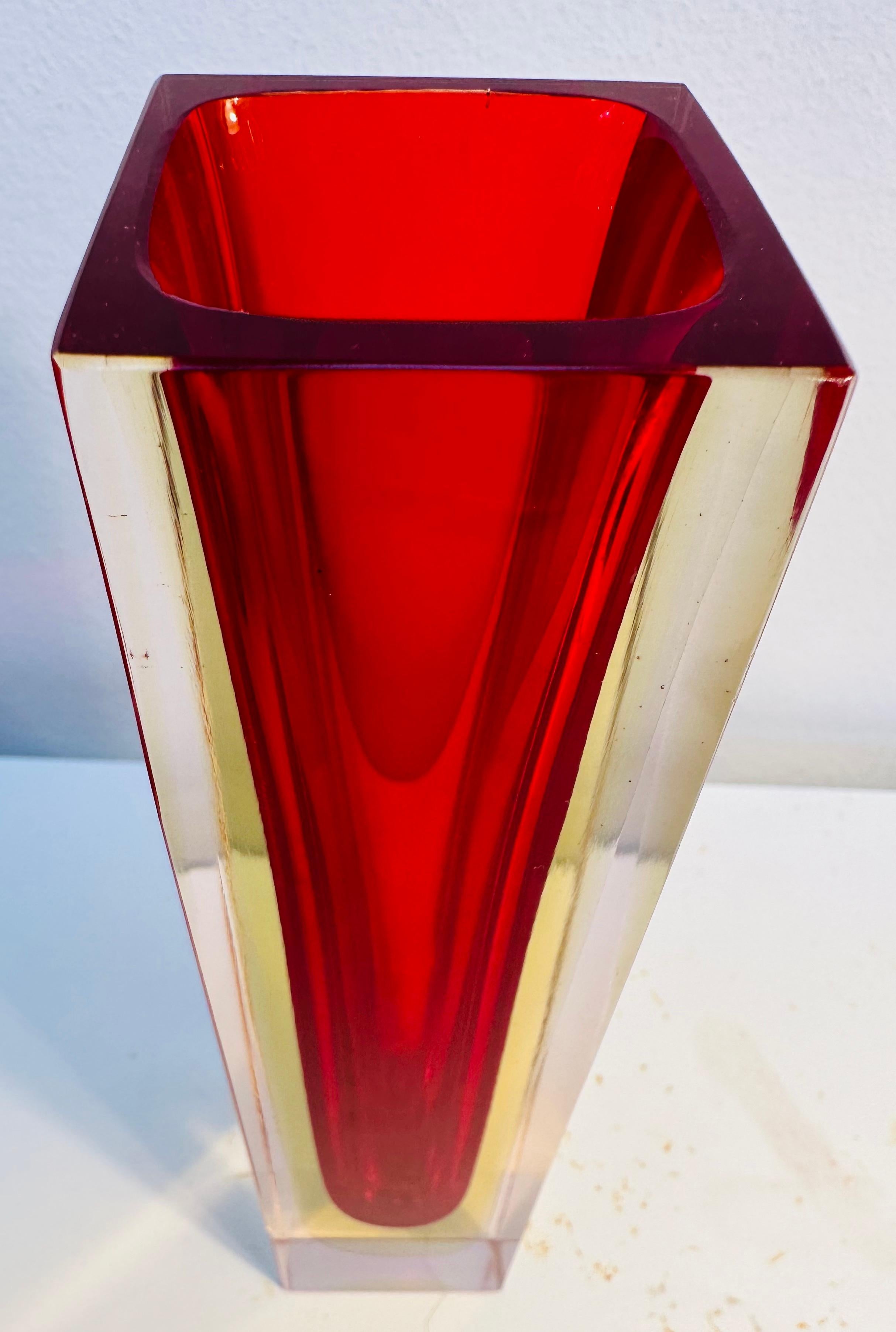 1970s Mid Century Italian Murano Red Yellow & Clear Sommerso Glass Vase 2