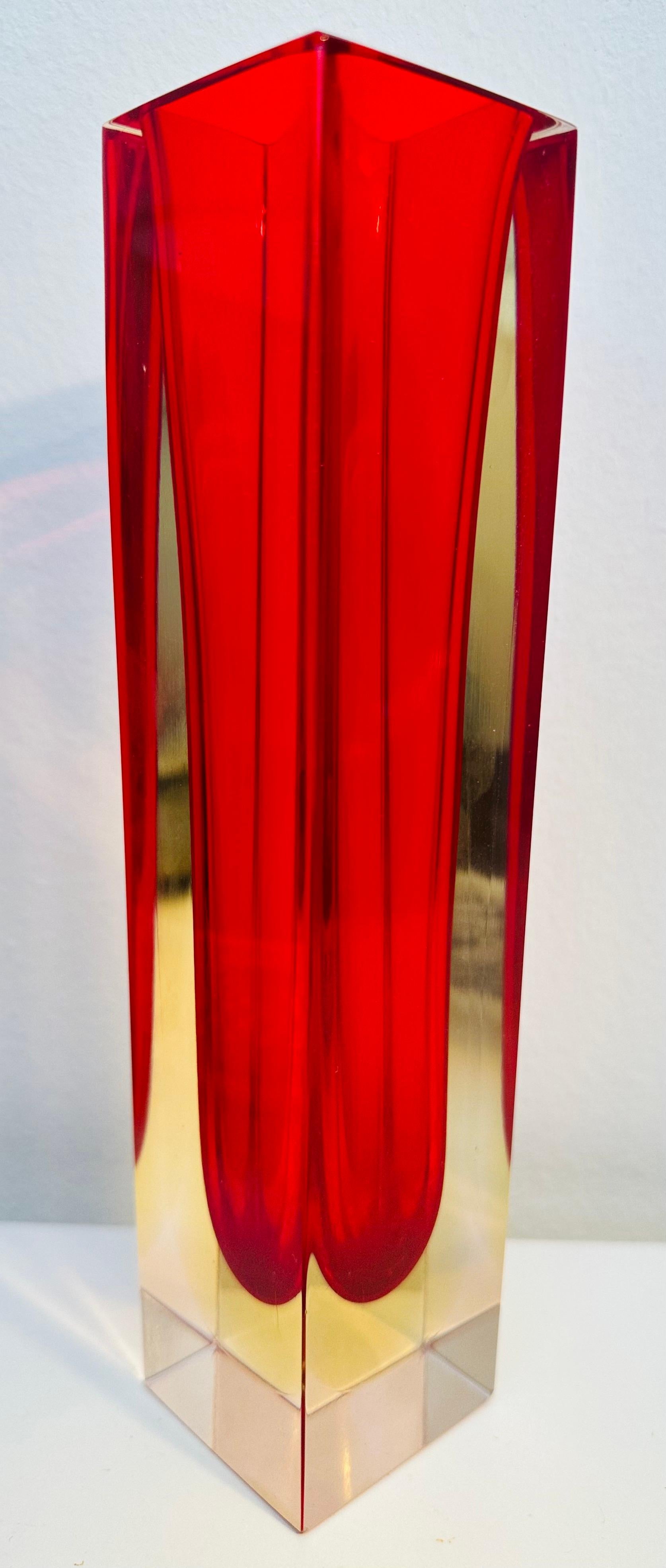 1970s Mid Century Italian Murano Red Yellow & Clear Sommerso Glass Vase 3