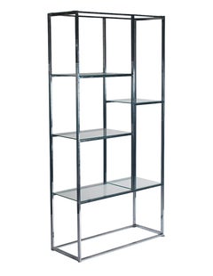 1970's Mid Century Milo Baughman Chrome Flatbar & Glass Etagere Wall Unit