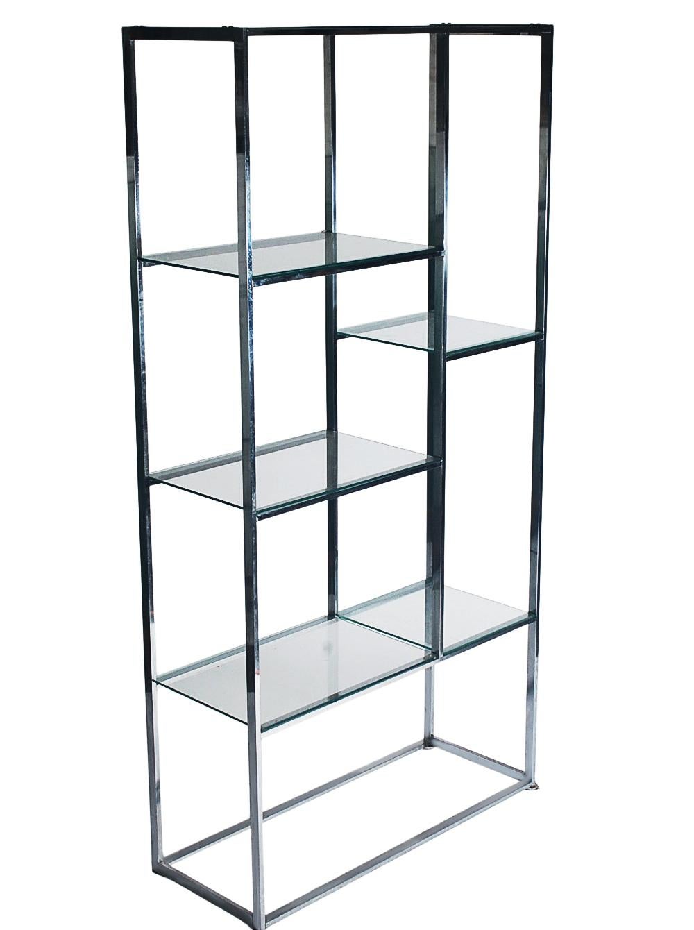 1970's Mid Century Milo Baughman Chrome Flatbar & Glass Etagere Wall Unit In Good Condition For Sale In Philadelphia, PA