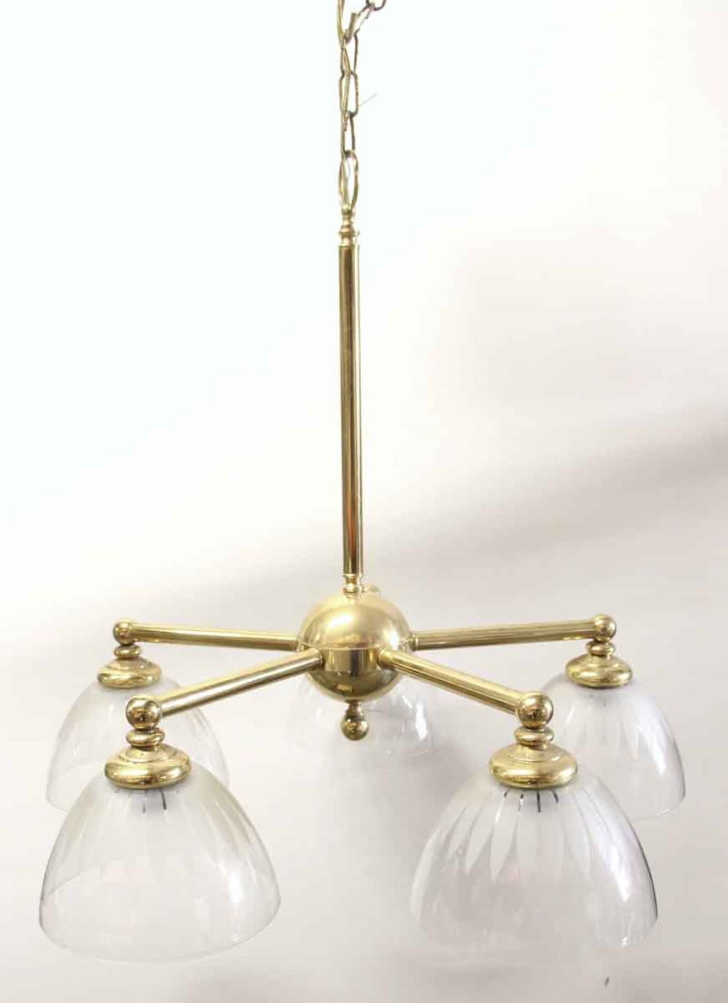 1970s polished brass down light fixture with etched round glass shades down in a Mid-Century Modern style. Price includes restoration. This can be seen at our 302 Bowery location in NoHo in Manhattan.