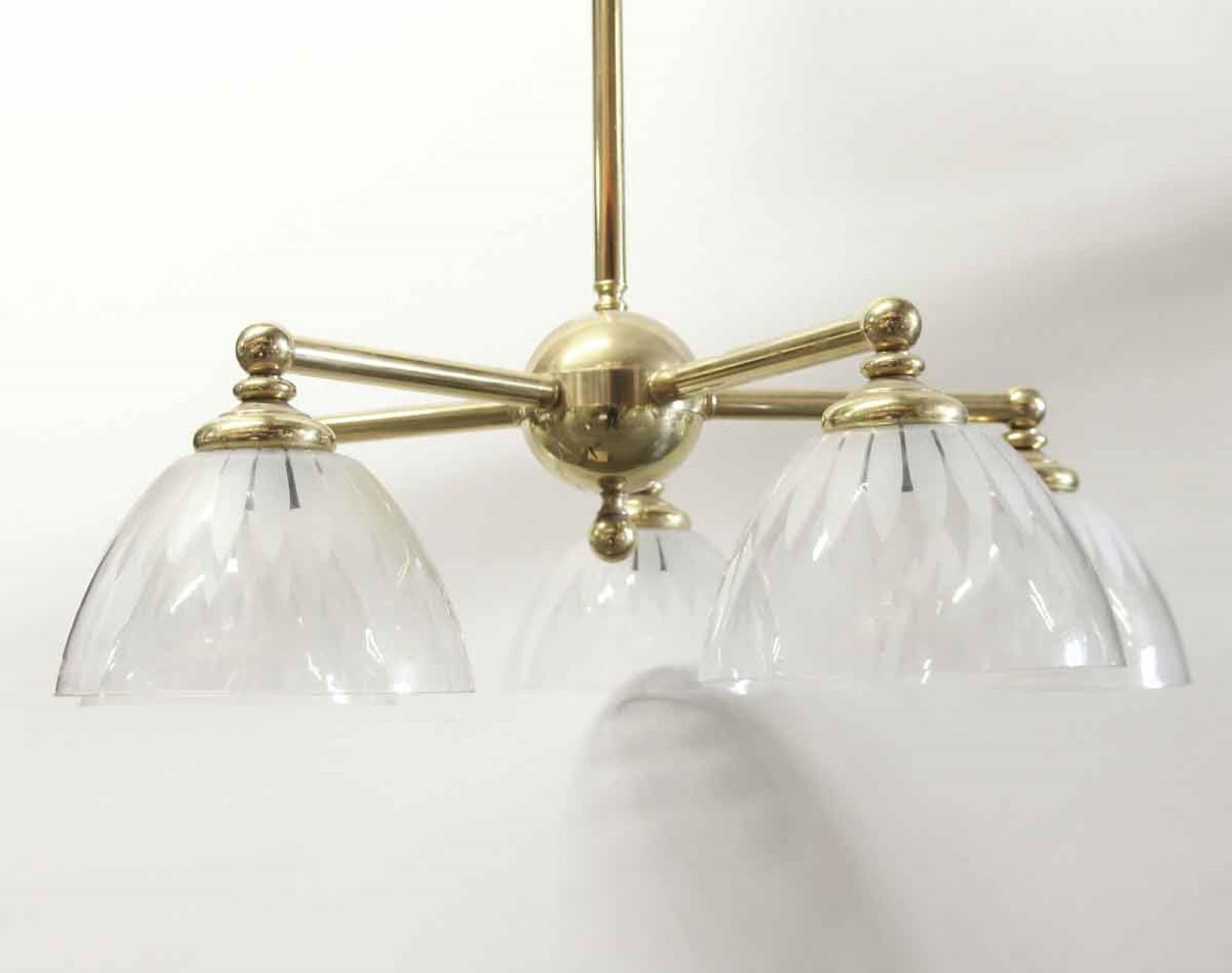 Etched 1970s Mid-Century Modern 5 Glass Shade Down Chandelier in Polished Brass