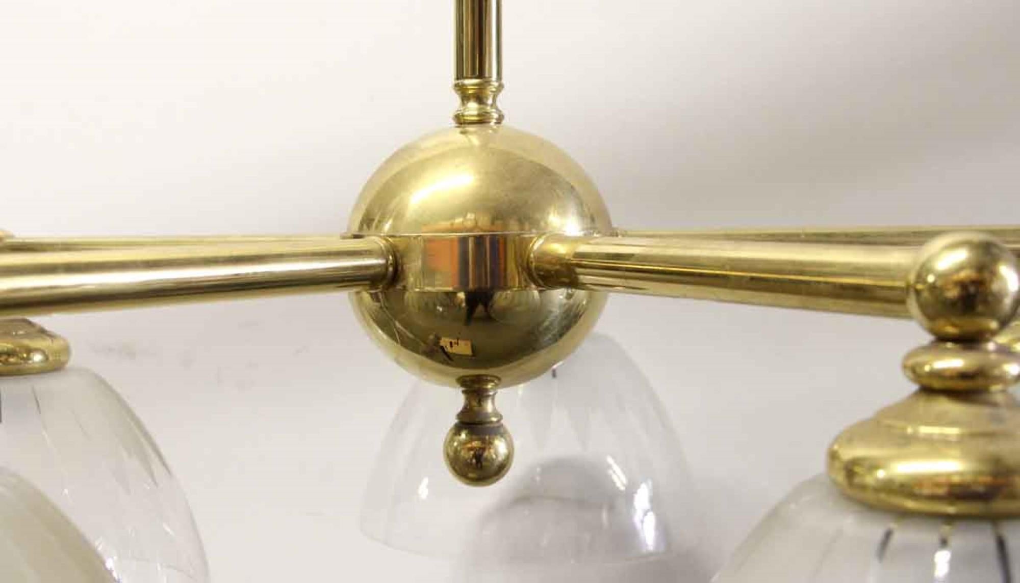 Late 20th Century 1970s Mid-Century Modern 5 Glass Shade Down Chandelier in Polished Brass