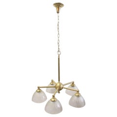 1970s Mid-Century Modern 5 Glass Shade Down Chandelier in Polished Brass