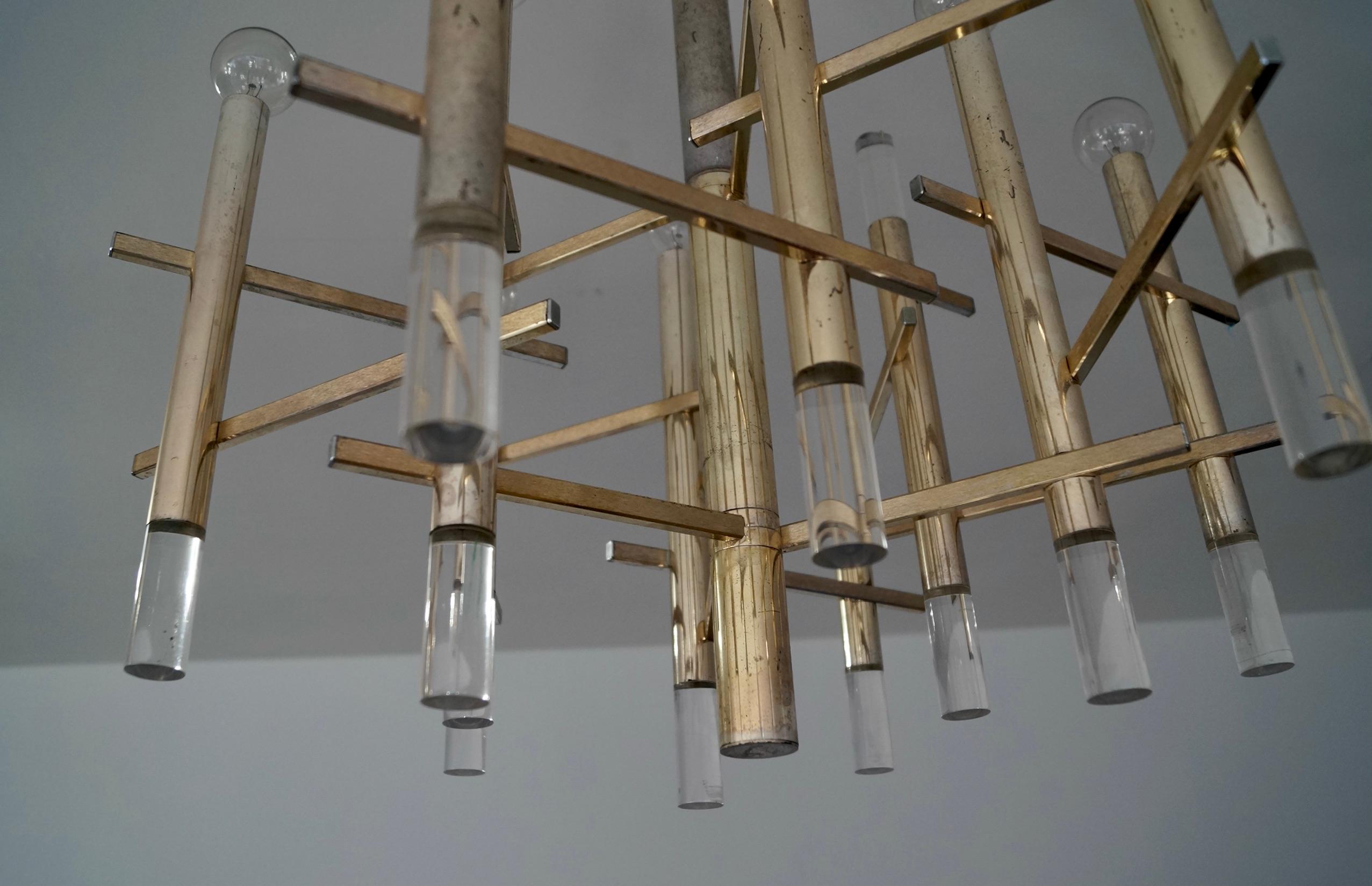 1970's Mid-Century Modern Architectural Gaetano Sciolari 9-Light Chandelier For Sale 9