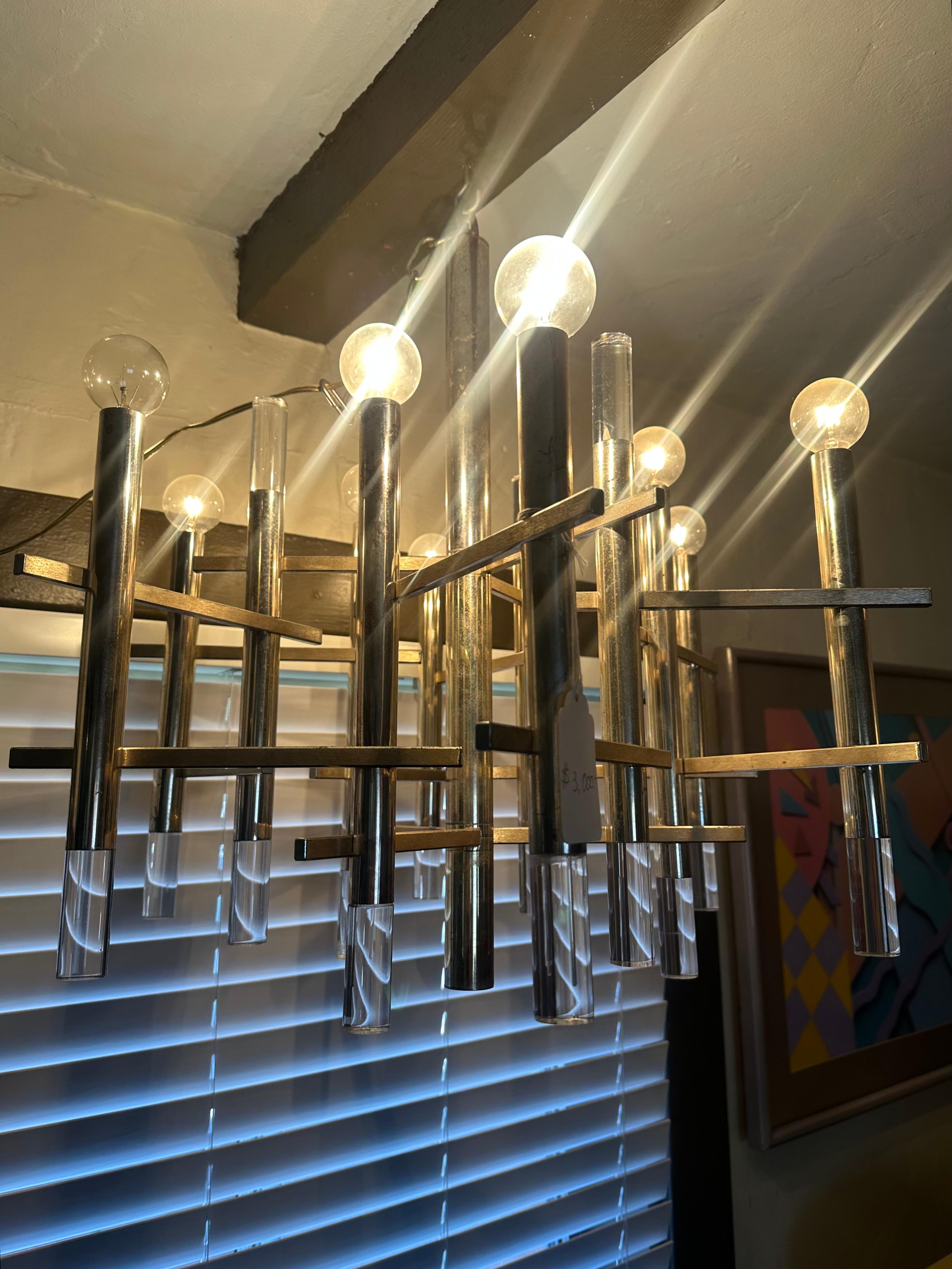 1970's Mid-Century Modern Architectural Gaetano Sciolari 9-Light Chandelier For Sale 14