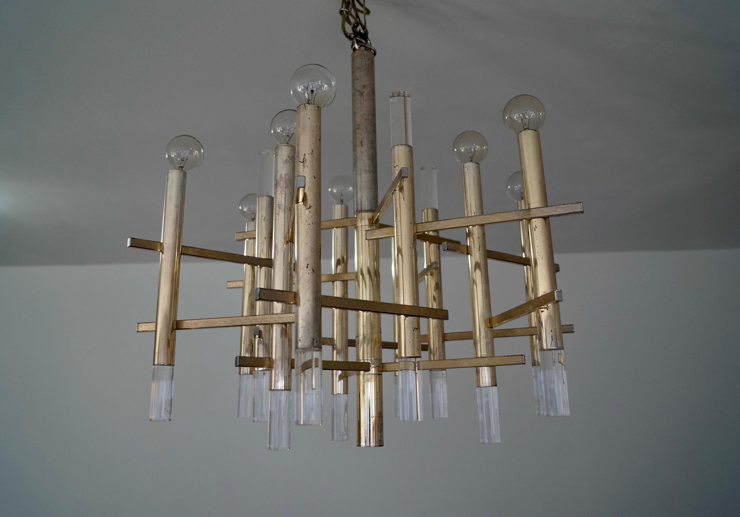 Italian 1970's Mid-Century Modern Architectural Gaetano Sciolari 9-Light Chandelier For Sale