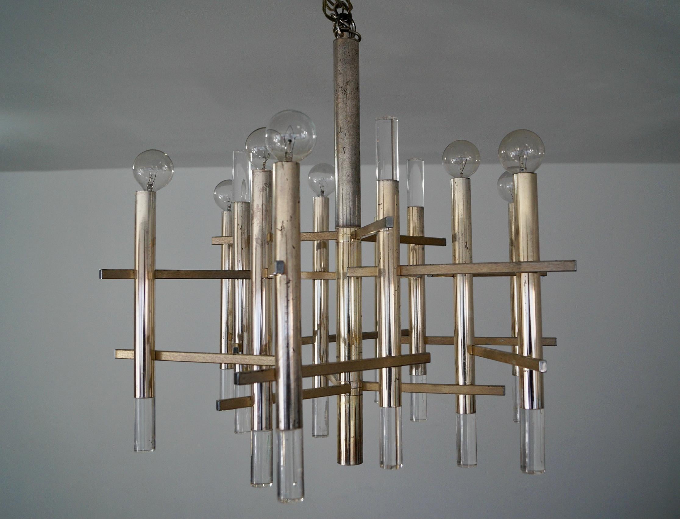 1970's Mid-Century Modern Architectural Gaetano Sciolari 9-Light Chandelier For Sale 1