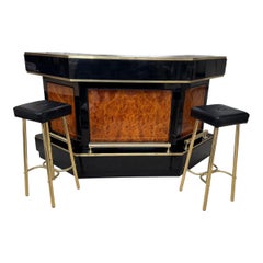 1970s Mid-Century Modern Bar Black Lacquer, Burl Wood & Brass, with Two Stools