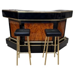 1970s Mid-Century Modern Bar Black Lacquer, Burl Wood & Brass, with Two Stools