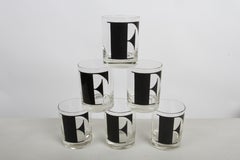Schwarze „Mid-Century Modern“-Rocks-Gläser mit Monogramm bzw. Initiale „F“ aus den 1970er Jahren, 6er-Set