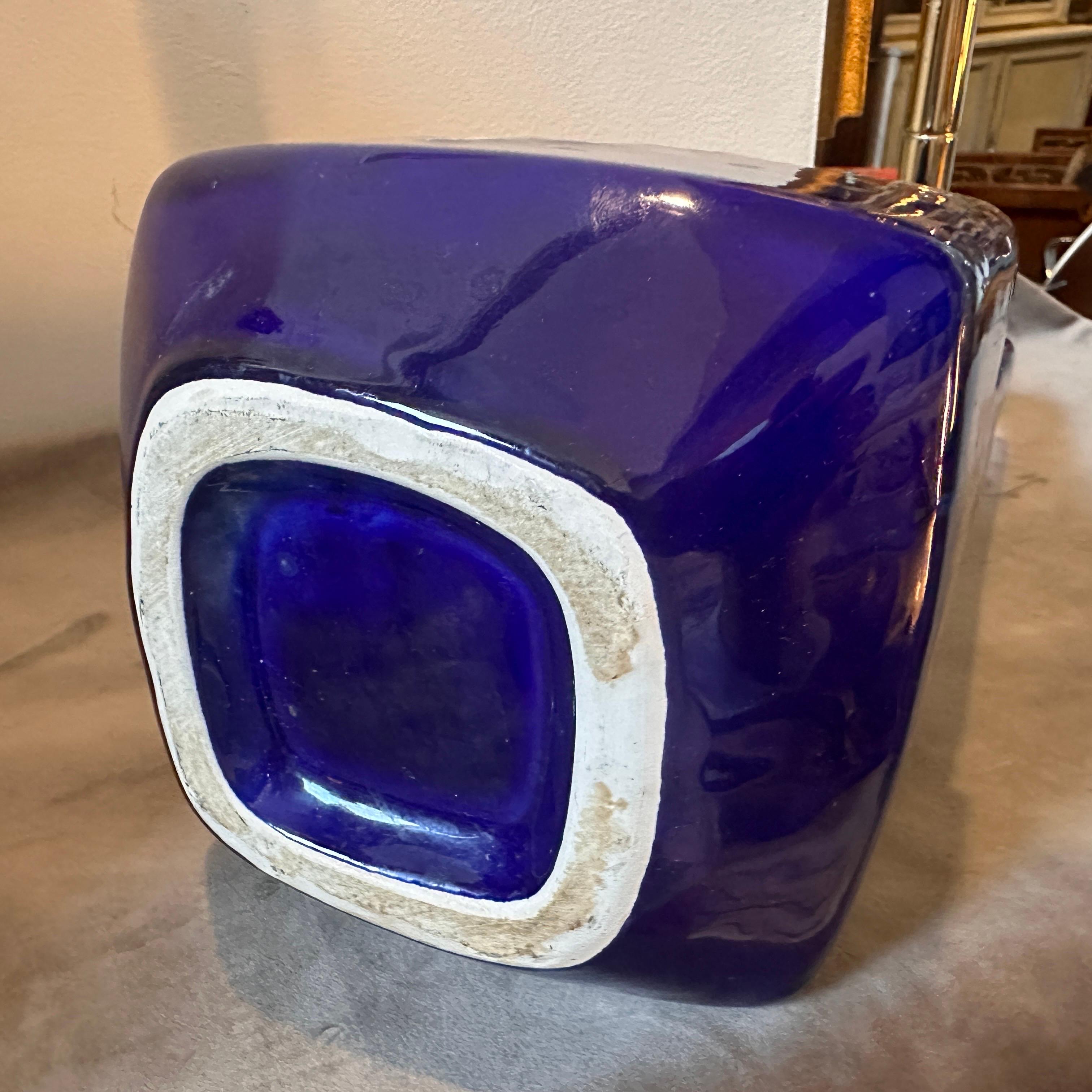 Céramique 1970 Mid-Century Modern Blue Ceramic Italian Jug Vase by Bertoncello en vente