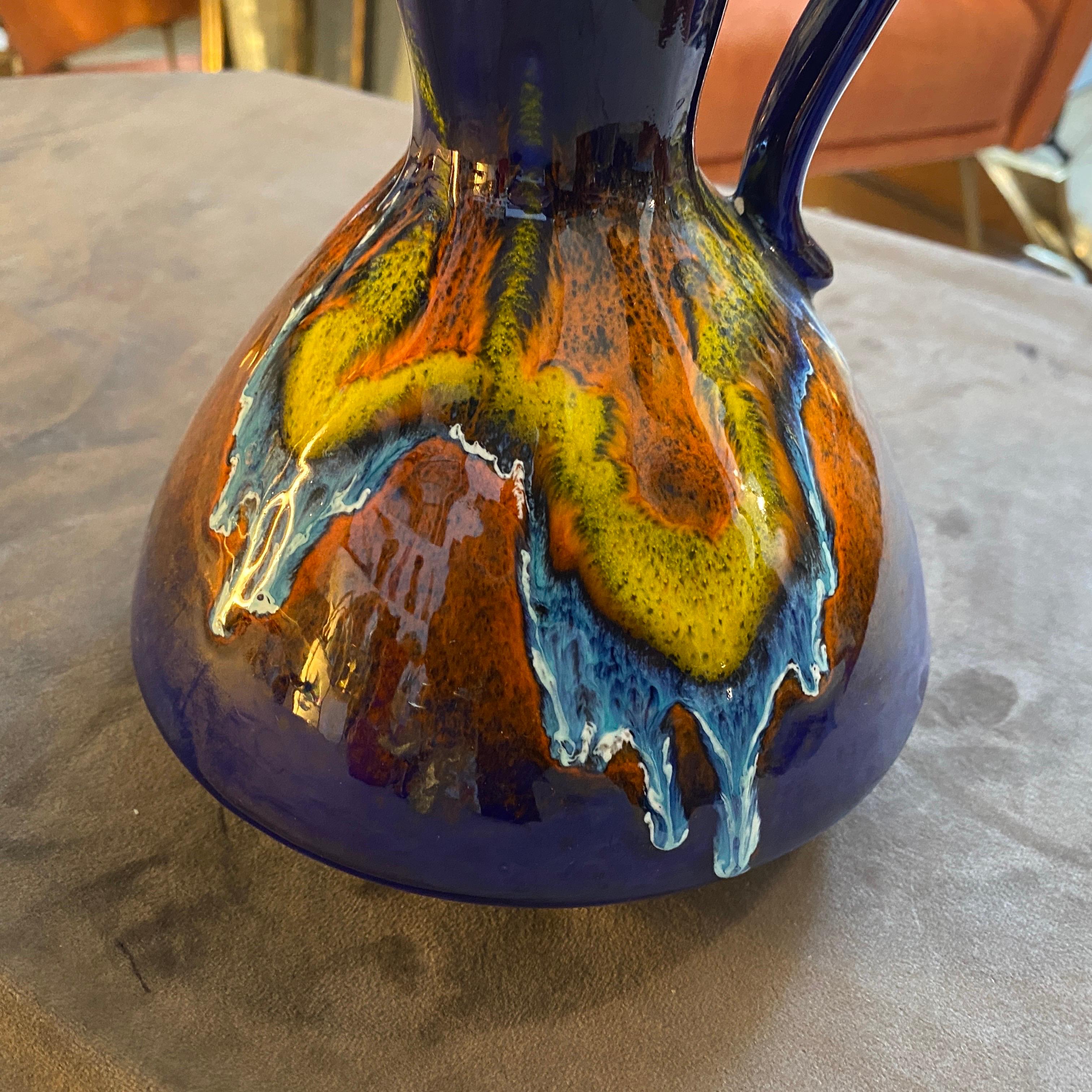Italian 1970s Mid-Century Modern Blue Ceramic Jug Vase by Bertoncello For Sale
