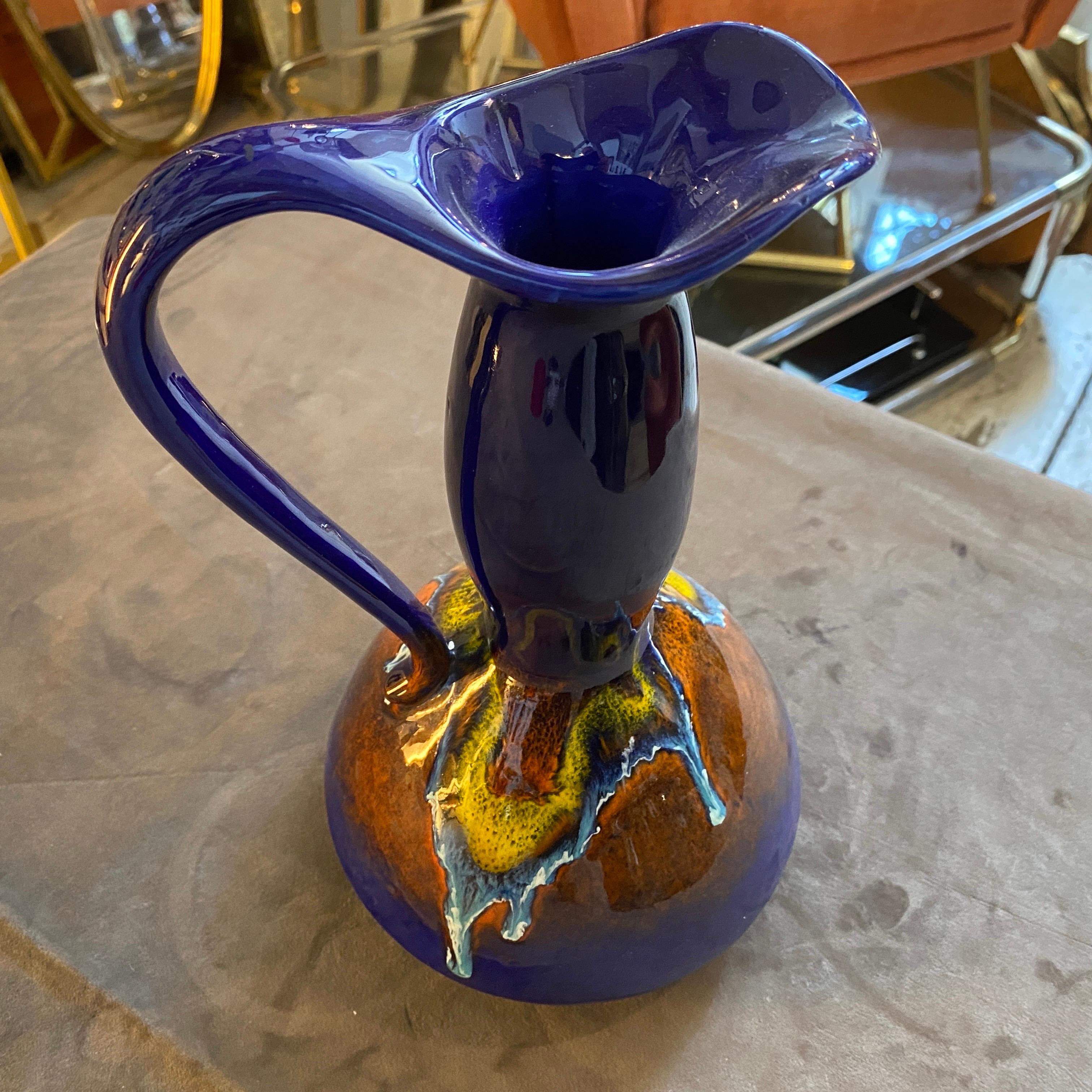 1970s Mid-Century Modern Blue Ceramic Jug Vase by Bertoncello For Sale 1
