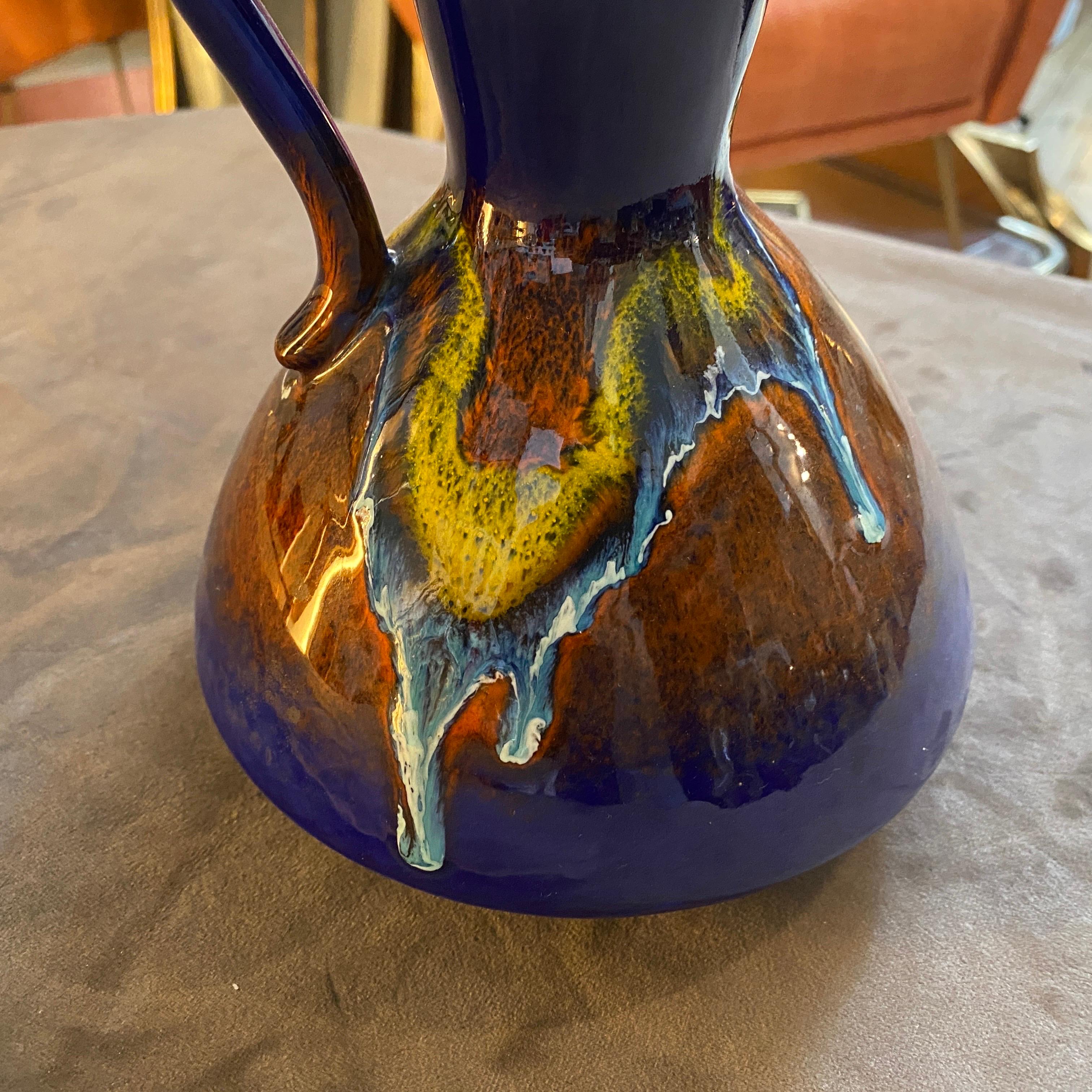 1970s Mid-Century Modern Blue Ceramic Jug Vase by Bertoncello For Sale 2