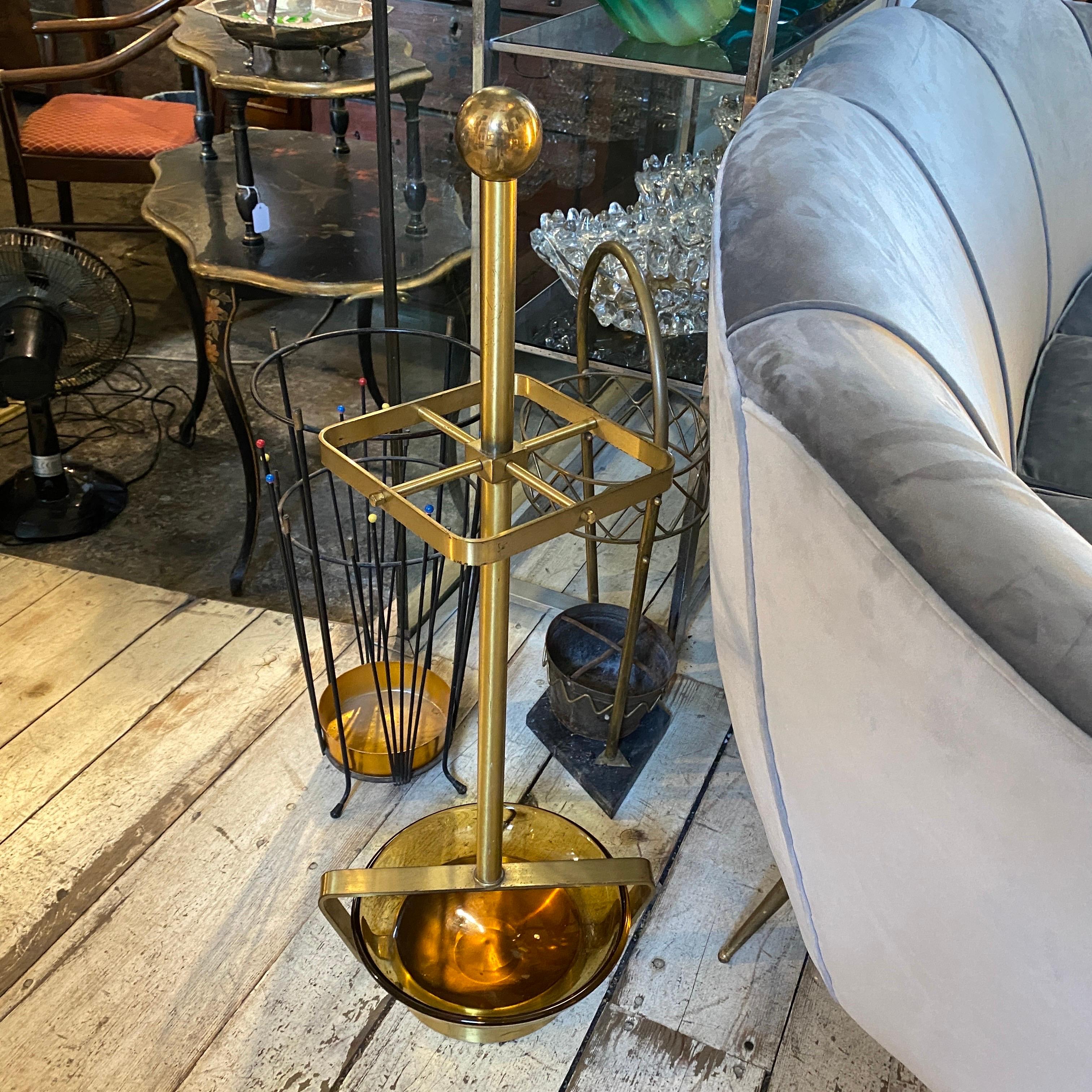 1970s Mid-Century Modern Brass and Brown Glass Italian Umbrella Stand 7