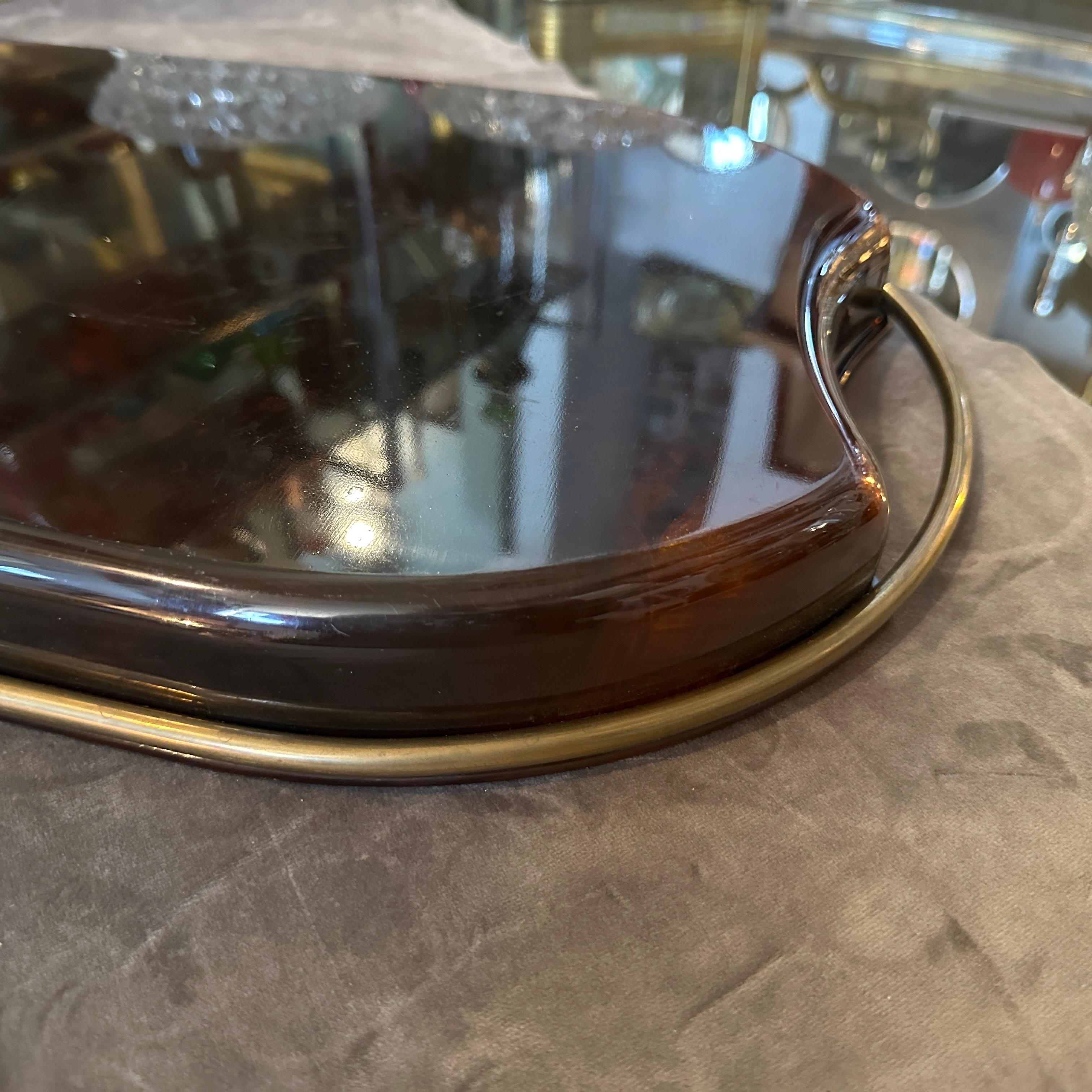 Italian 1970s Mid-Century Modern Brass and Fake Tortoise Lucite Bar Tray by Guzzini