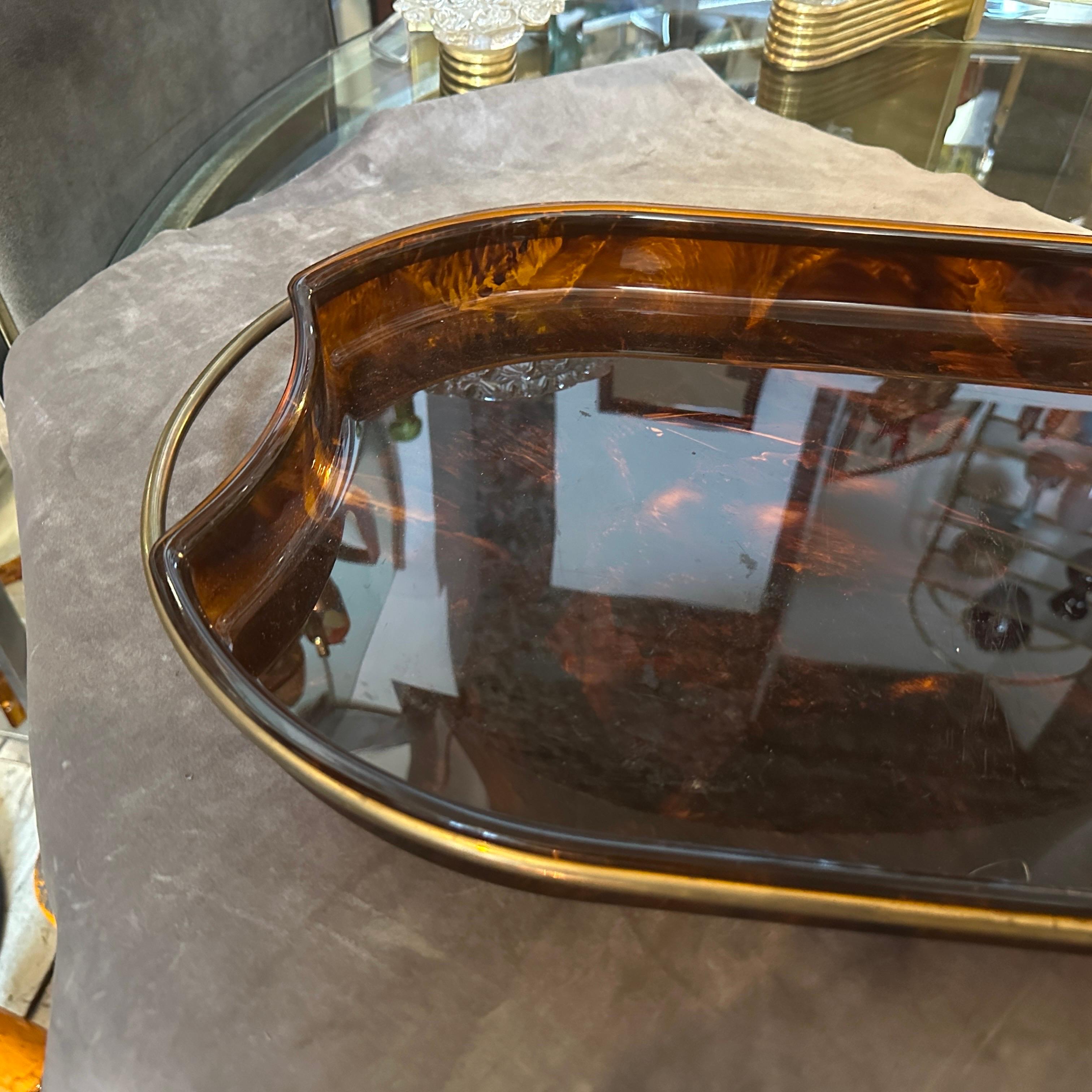 1970s Mid-Century Modern Brass and Fake Tortoise Lucite Bar Tray by Guzzini 1