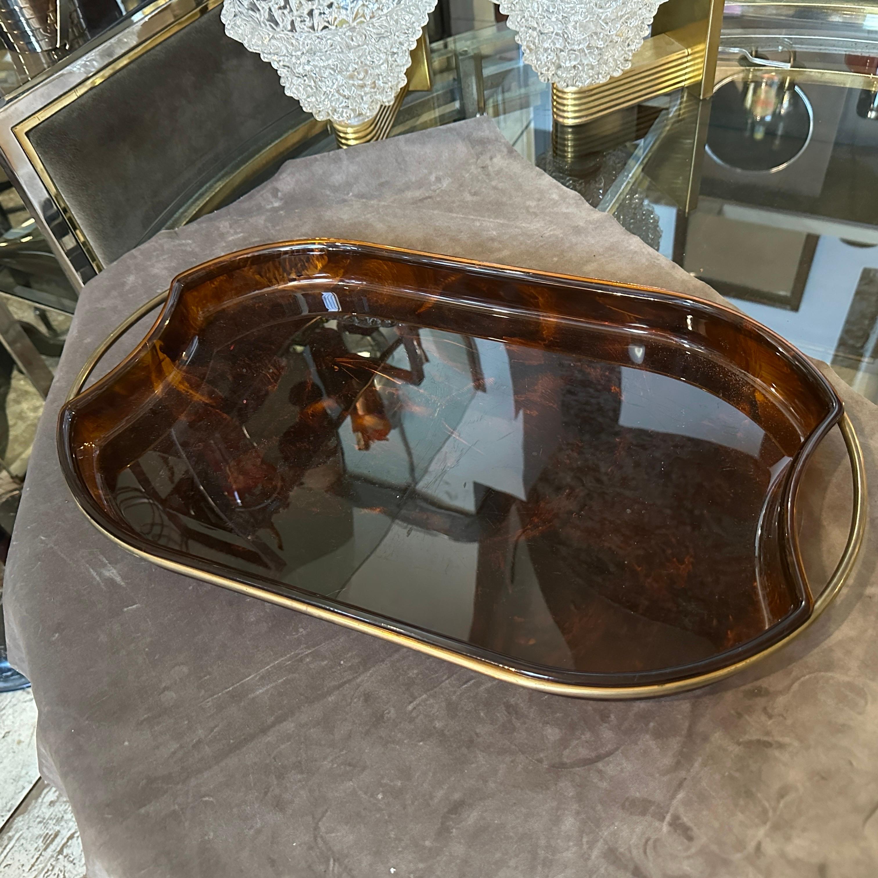1970s Mid-Century Modern Brass and Fake Tortoise Lucite Bar Tray by Guzzini 3