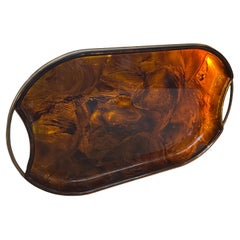 1970s Mid-Century Modern Brass and Fake Tortoise Lucite Bar Tray by Guzzini