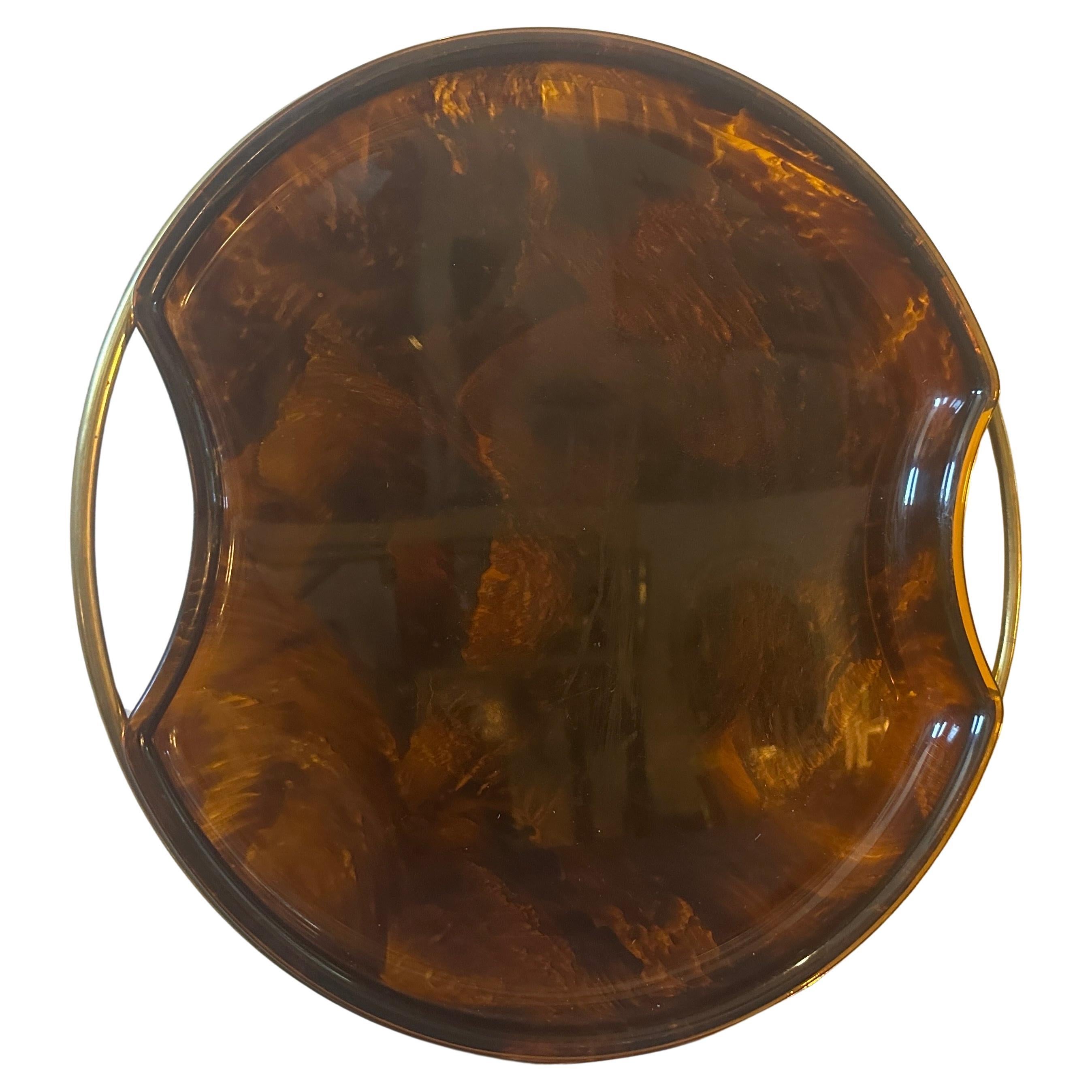 1970s Mid-Century Modern Brass and Fake Tortoise Lucite Round Tray by Guzzini