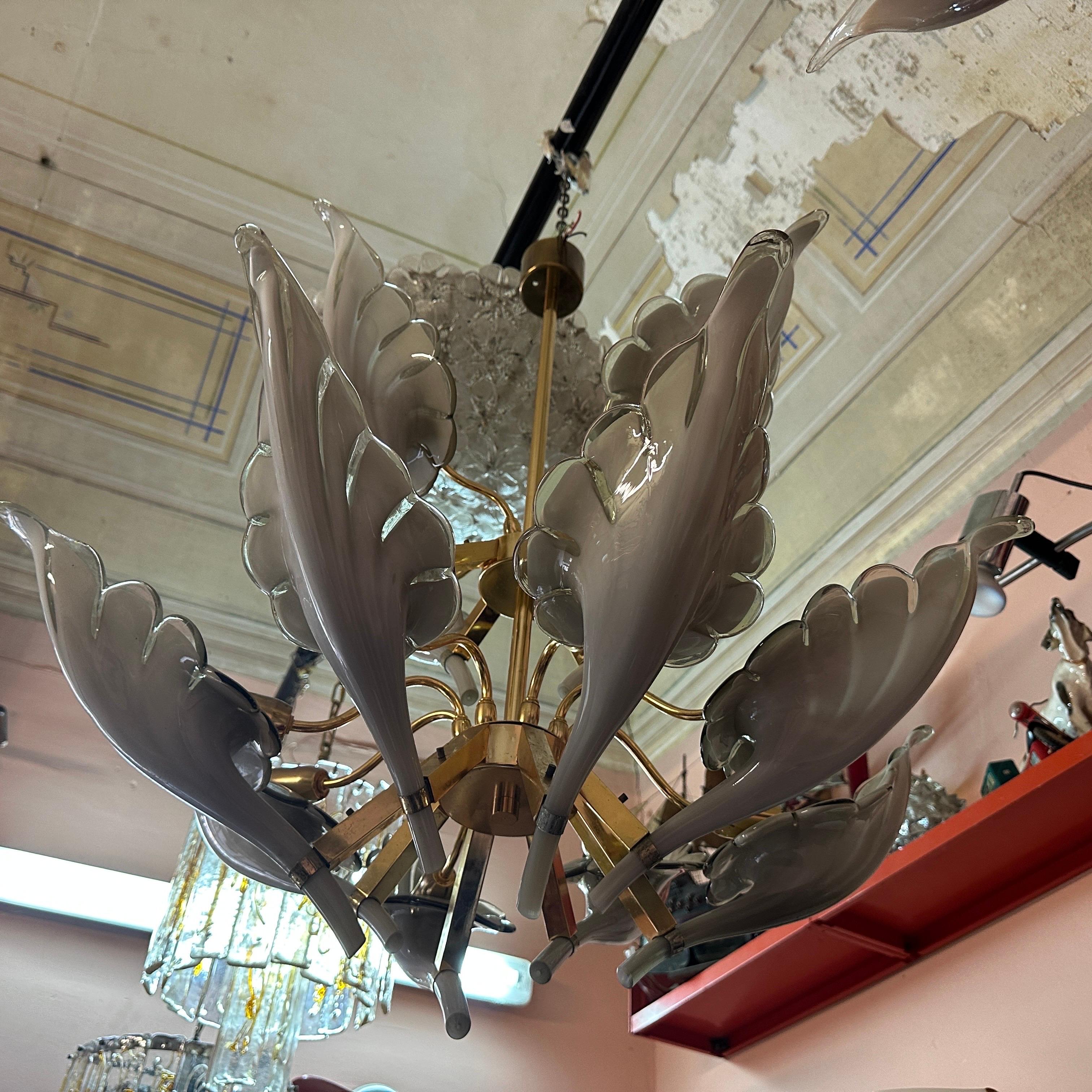1970s Mid-Century Modern Brass and Gray Murano Glass Chandelier by Franco Luce For Sale 4