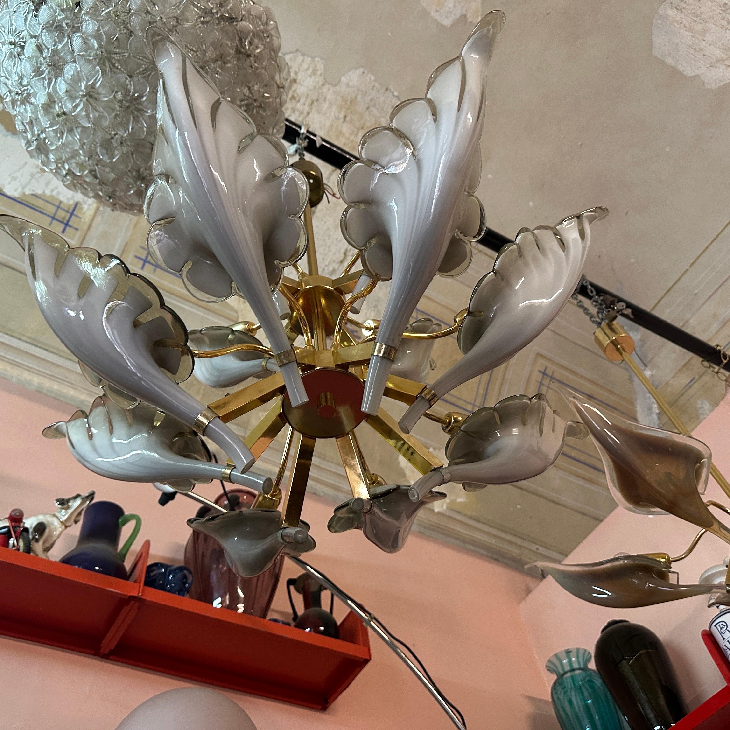 Hand-Crafted 1970s Mid-Century Modern Brass and Gray Murano Glass Chandelier by Franco Luce For Sale