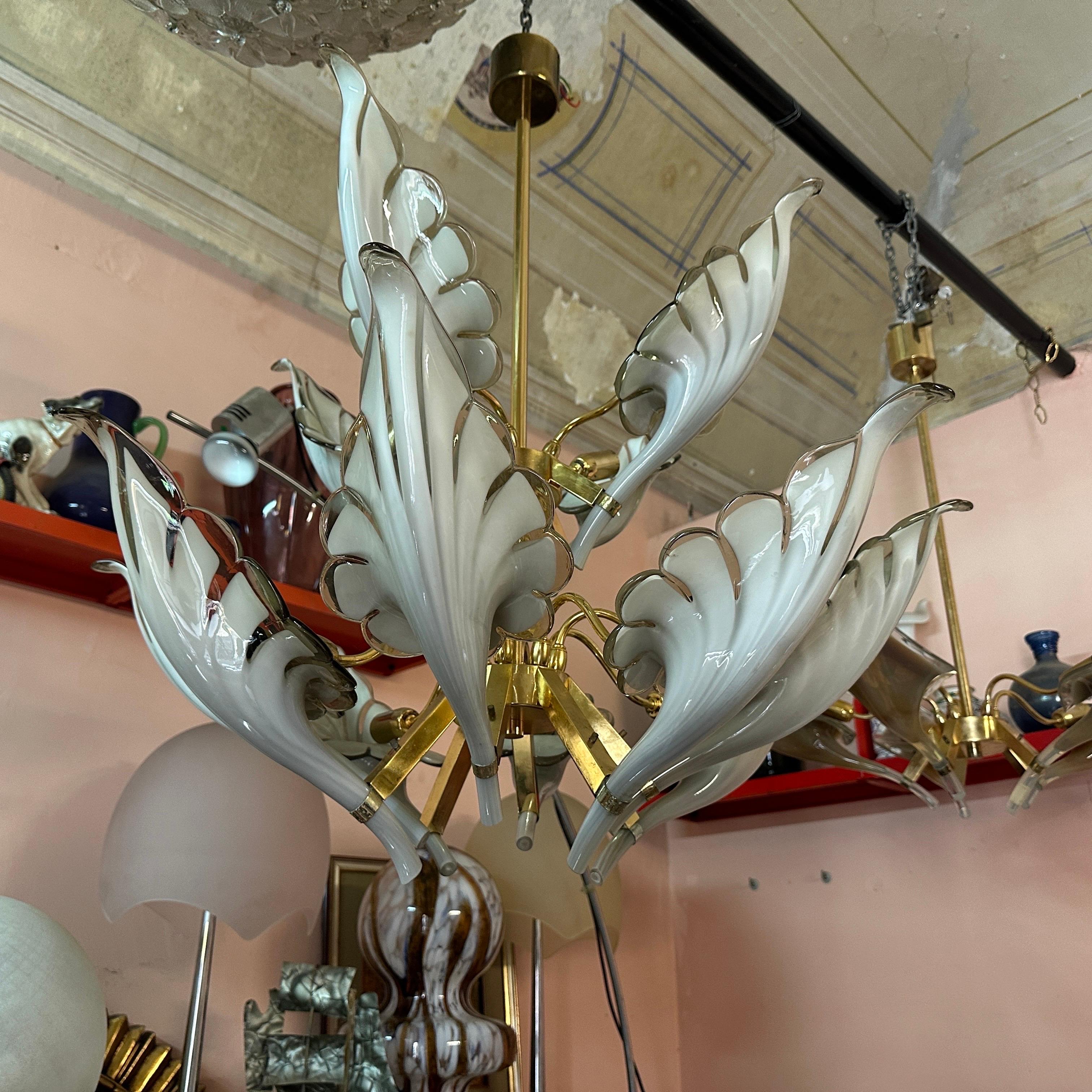20th Century 1970s Mid-Century Modern Brass and Gray Murano Glass Chandelier by Franco Luce For Sale