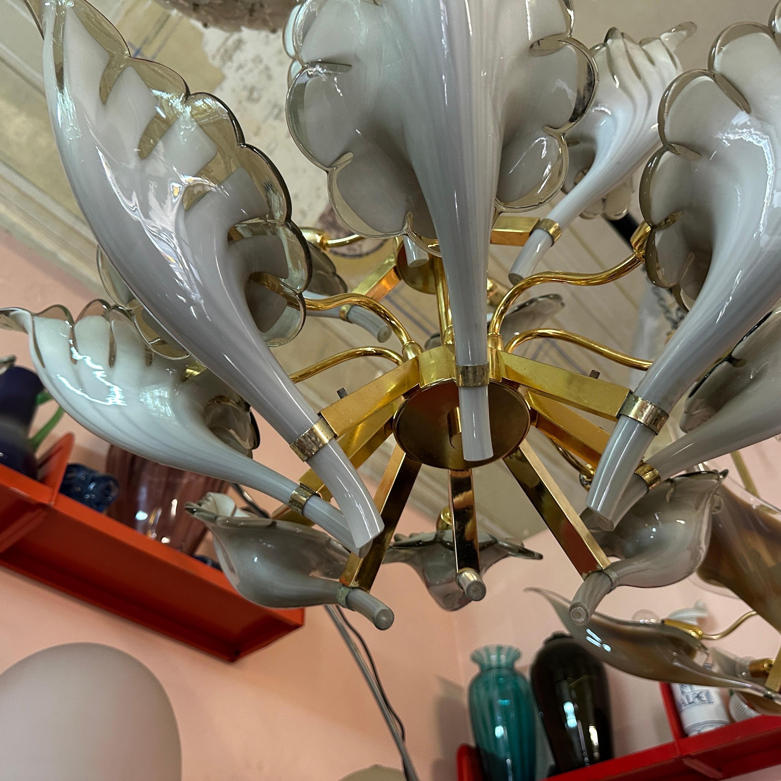 1970s Mid-Century Modern Brass and Gray Murano Glass Chandelier by Franco Luce For Sale 1