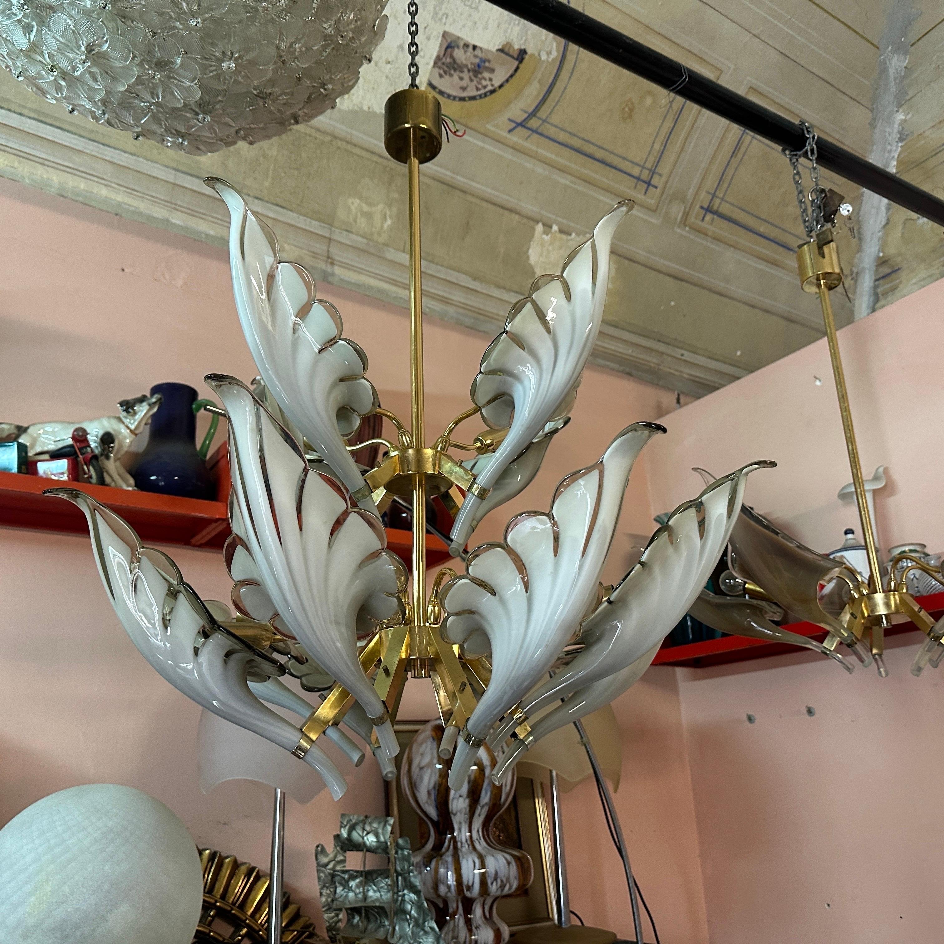 1970s Mid-Century Modern Brass and Gray Murano Glass Chandelier by Franco Luce For Sale 2